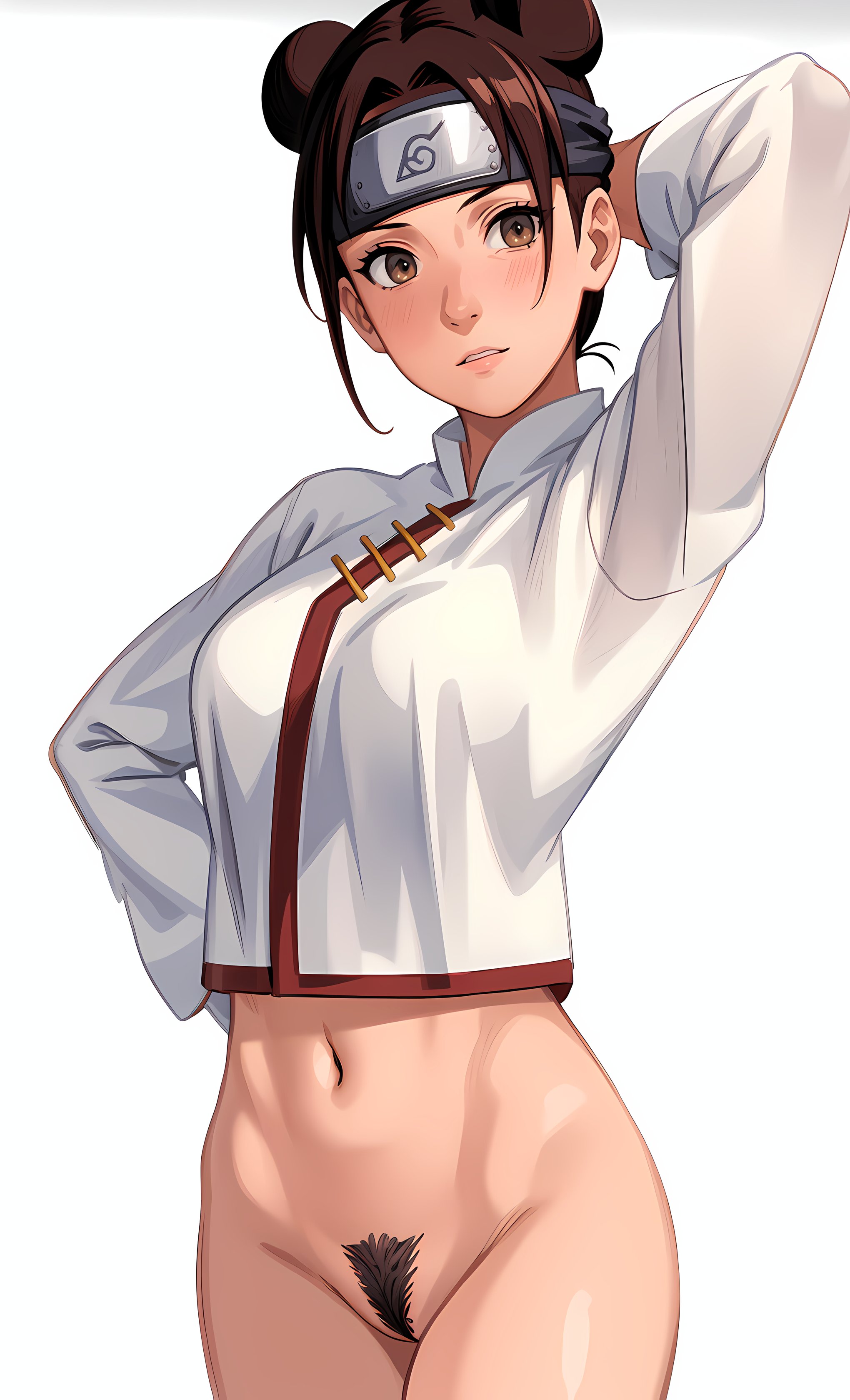 1girls, ai generated, arm behind head, arm up, bare legs, bare midriff, bare thighs, bottomless, bottomless female, breasts, brown eyes, brown hair, chinese clothes, clothed female, clothing, curvaceous, curvy, curvy figure, double bun, female, female only, female pubic hair, hair bun, headband, high resolution, kamisamauki, konohagakure symbol, kunoichi, legs together, light skin, light-skinned female, midriff, nai diffusion, naruto, naruto (series), naruto shippuden, ninja, no panties, one arm up, partially clothed, petite, pose, posing, pubic hair, pussy, shirt, solo, solo focus, stable diffusion, stray pubic hair, tenten, twin buns, uncensored, wide hips