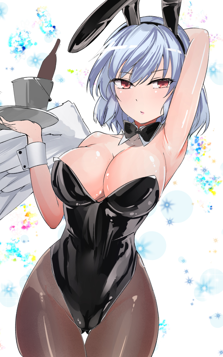 alcohol animal_ears armpits bare_arms bare_shoulders blush bow bowtie breasts cameltoe cleavage female highres kishin_sagume leotard lips looking_at_viewer one-hour_drawing_challenge pantyhose playboy_bunny rabbit_ears sagume_kishin shiny_skin single_wing solo thighs touhou white_hair wings y2