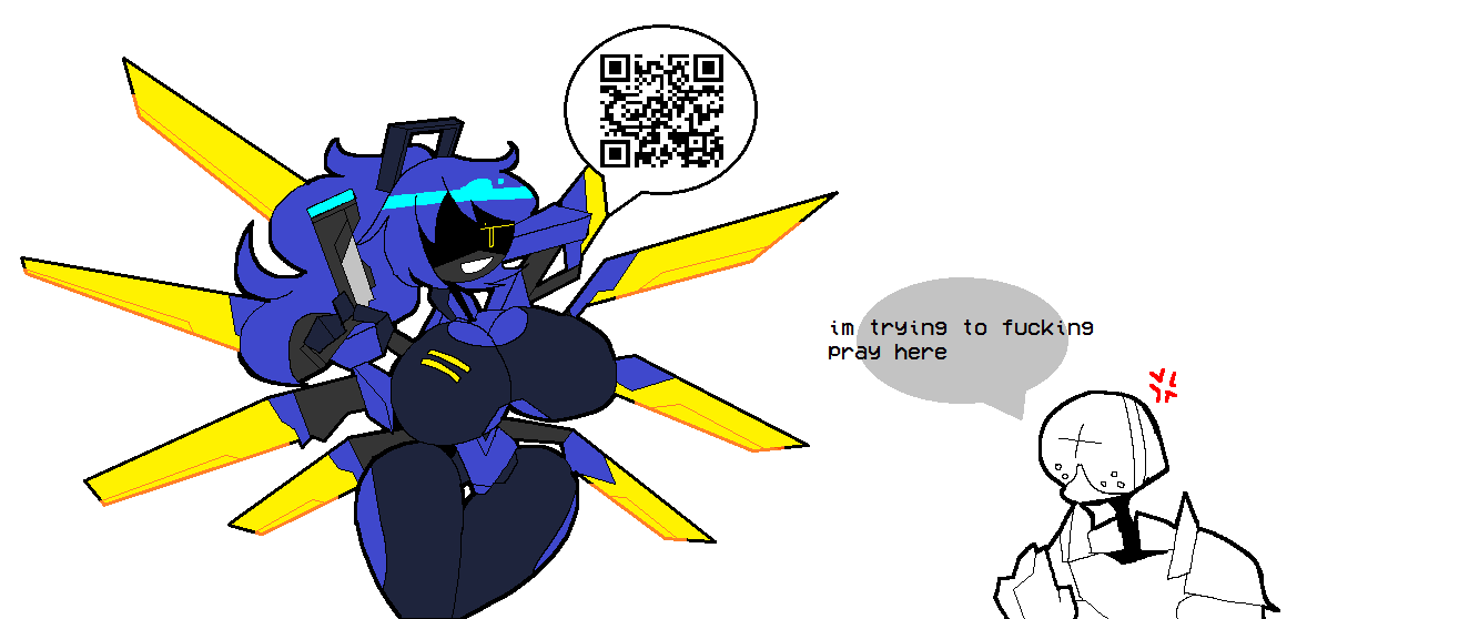 1boys, 1girls, big breasts, big thighs, blue body, blue hair, breasts, female, gabriel (ultrakill), long hair, qr code, robot, robot girl, rule 63, screen face, source request, text, ultrakill, v1 (ultrakill), white background, yellow eyes, zevillion