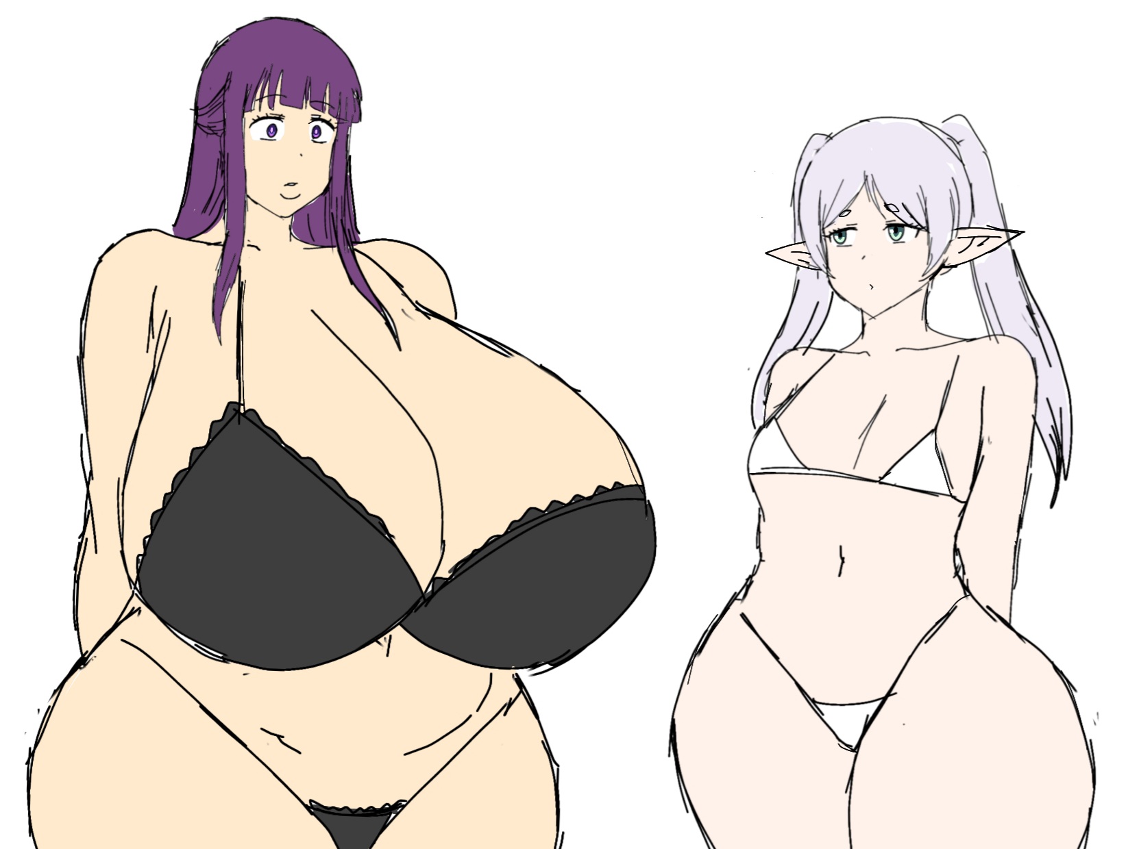 2girls, aqua eyes, boobs, bra, breast size difference, breasts, cleavage, elf ears, elf female, female, fern (sousou no frieren), frieren, huge breasts, light skin, light-skinned female, long hair, momiji (artist), panties, petite, petite female, pointy ears, purple eyes, purple hair, sousou no frieren, thick thighs, thighs, twintails, white background, white hair