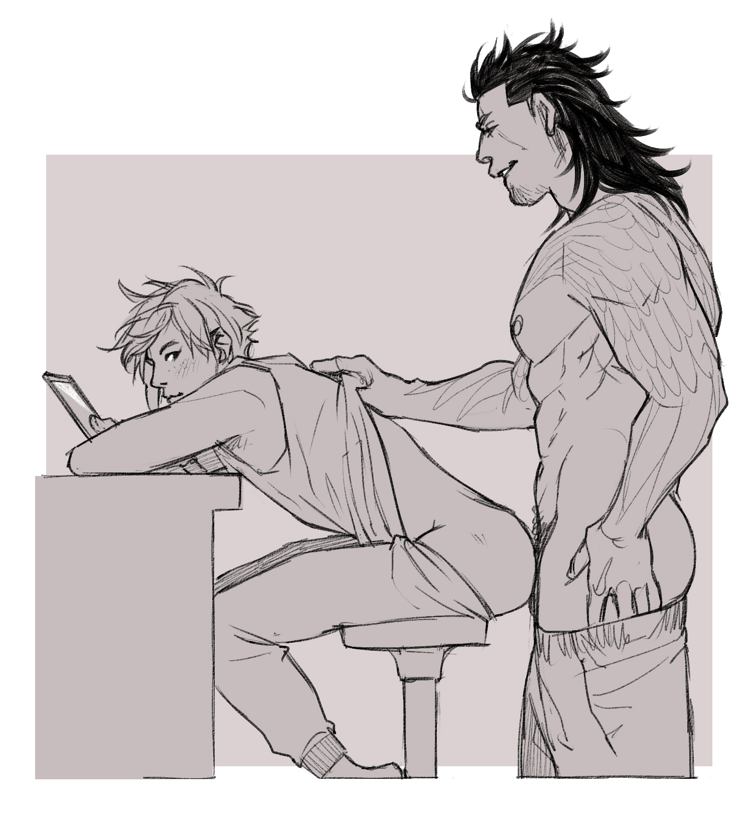 2boys, anal sex, chair, final fantasy, final fantasy xv, gladiolus amicitia, kaciart, male, male only, monochrome, pants down, prompto argentum, sitting, skinny, smartphone, square enix, table, tagme, yaoi