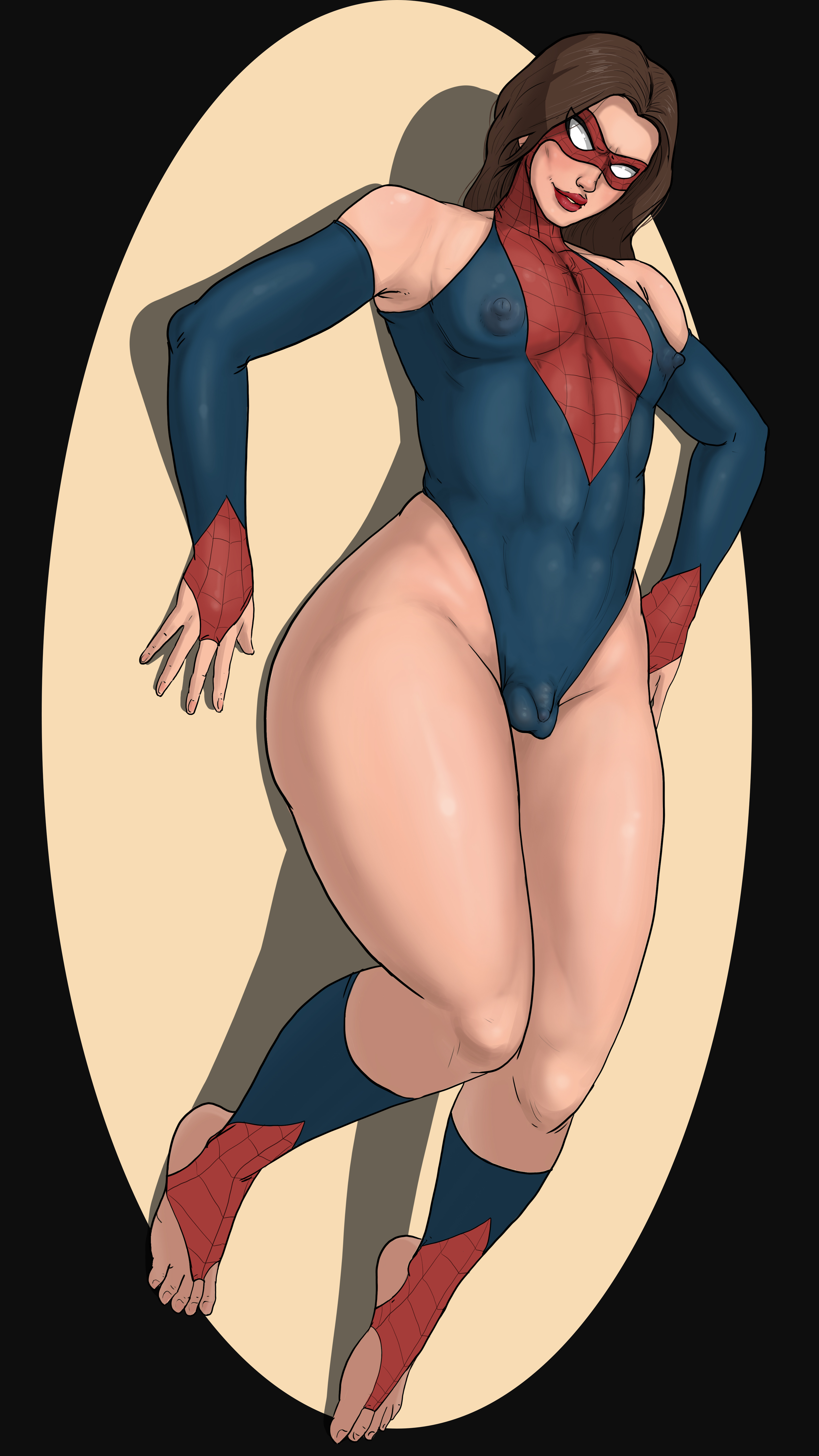1boy, 1femboy, androgynous, ass, barefoot, bodysuit, breasts, brown hair, bulge through clothing, curvaceous, curves, curvy, curvy body, curvy figure, curvy hips, curvy thighs, erect nipples, eye mask, feeeuu, feet, femboy, femboy only, feminine, feminine body, feminine male, flat chest, girly, hormone breasts, legs together, leotard, male, male only, marvel, marvel comics, masked male, medium hair, nipples, pale skin, penis, pouty lips, puffy nipples, sissy, slim waist, small breasts, small penis, small waist, solo, solo male, spider-man, spider-man (series), standing, thick, thick ass, thick legs, thick lips, thick thighs, thighs, tiny breasts, tiny penis, tiny waist, toeless socks, toes, voluptuous, voluptuous femboy, voluptuous male, wide hips, yaoi