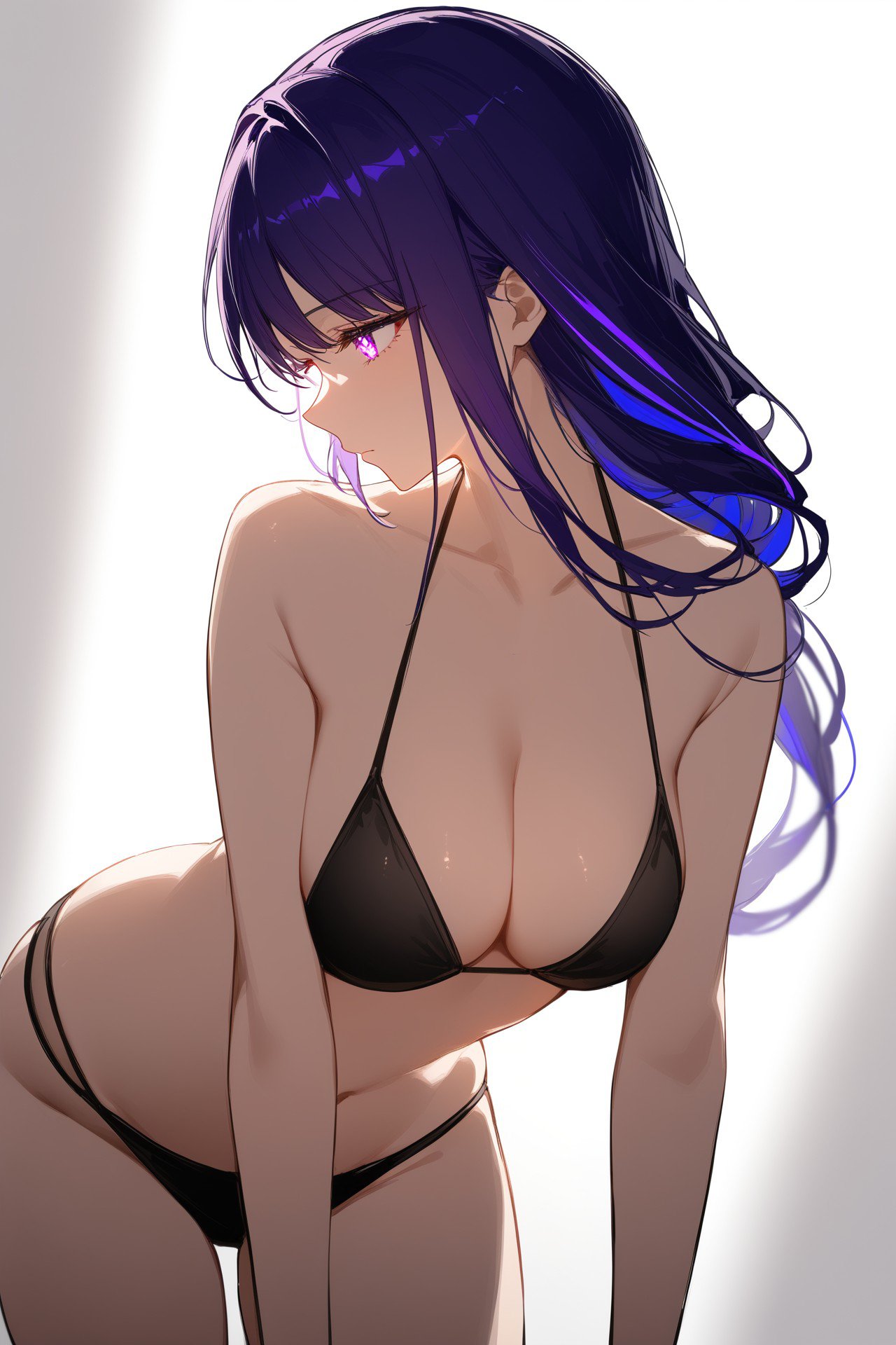 1girls, ai generated, bikini, black bikini, breasts, cleavage, curvy, female, genshin impact, large breasts, long hair, purple hair, raiden shogun, solo, solo female, stable diffusion