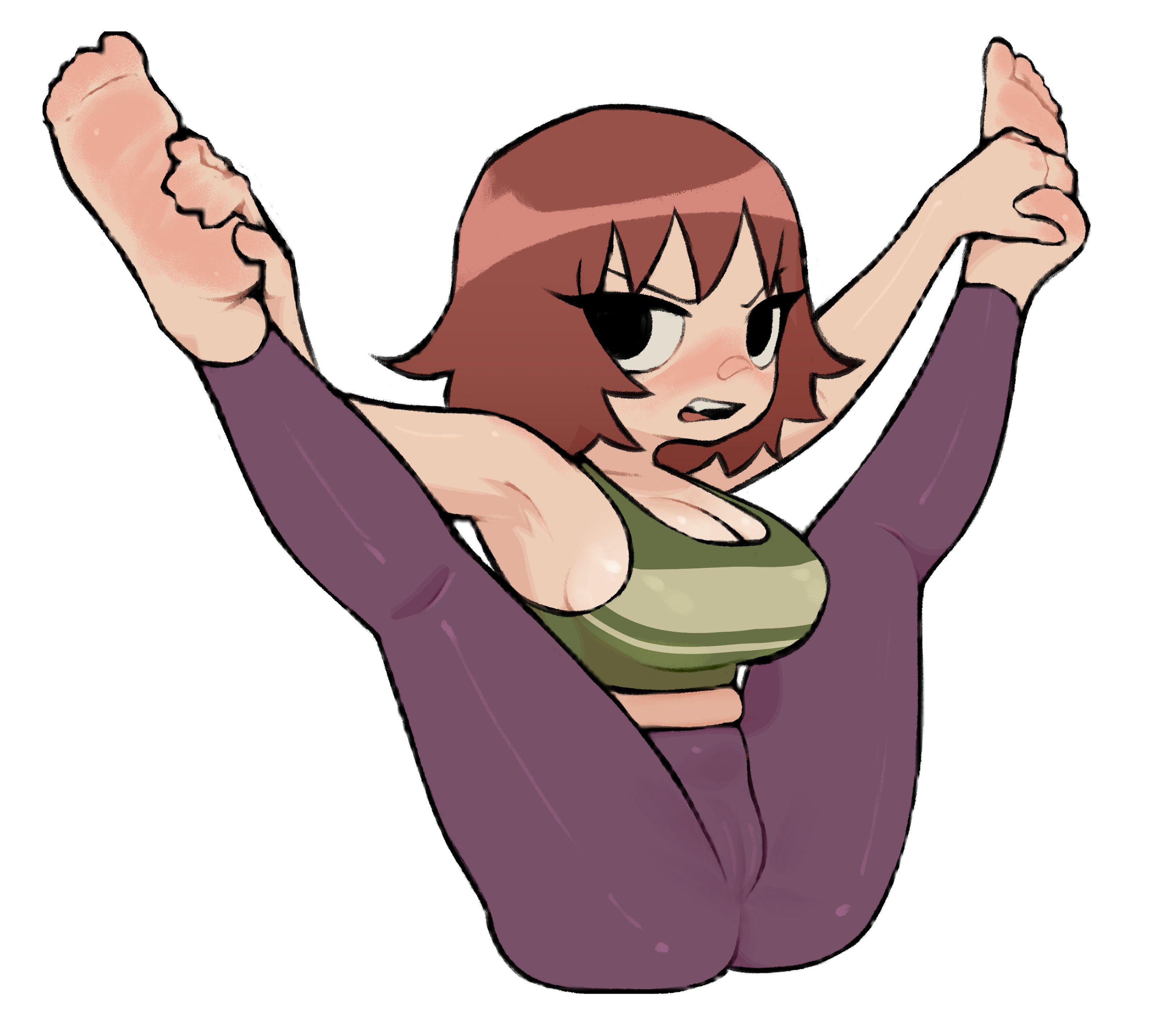 1girls, 2024, annoyed, armpits, arms up, ass, barefoot, belly, big breasts, black eyes, blush, bottomwear, breasts, brown hair, busty, calves, cameltoe, cleavage, clothed, clothed female, clothes, clothing, crop top, curvaceous, curvy, embarrassed, feet, feet up, female, flexible, foot grab, front view, full body, fully clothed, gurumo, hair, hi res, human, kim pine, large breasts, leggings, legs apart, legs up, light skin, light-skinned female, looking at viewer, medium hair, midriff, open mouth, pants, pose, posing, pussy, red hair, scott pilgrim, shirt, simple background, sitting, skin tight, soles, solo, spread legs, spreading, stomach, tank top, teeth, thighs, tight pants, toes, topwear, voluptuous, white background, yoga, yoga pants