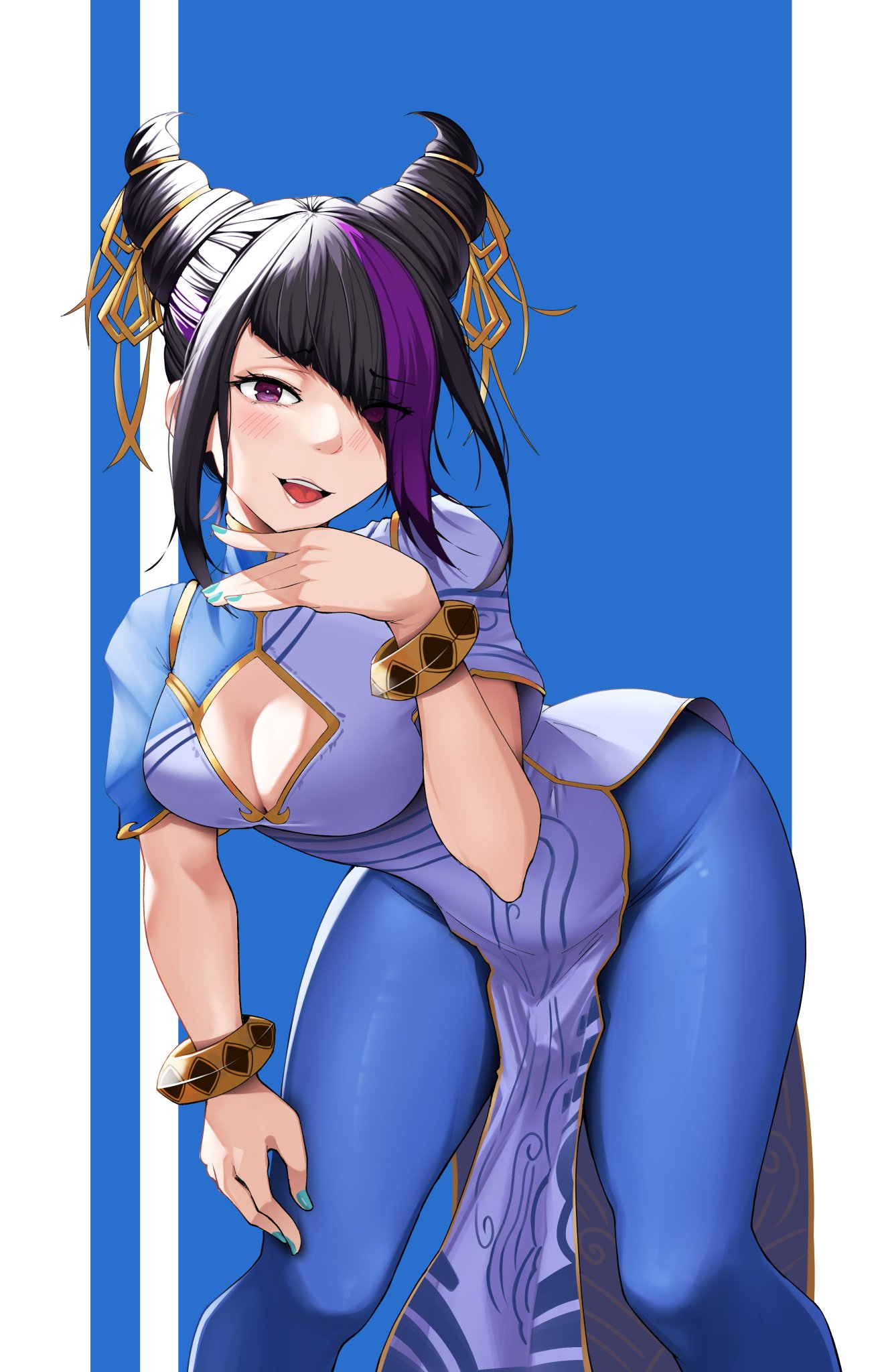 1girls 2023 big_breasts blush capcom chun-li_(cosplay) cleavage cleavage_cutout cosplay female female_only femme_fatale fully_clothed hair_over_one_eye juri_han luxpineapple painted_nails solo street_fighter street_fighter_6