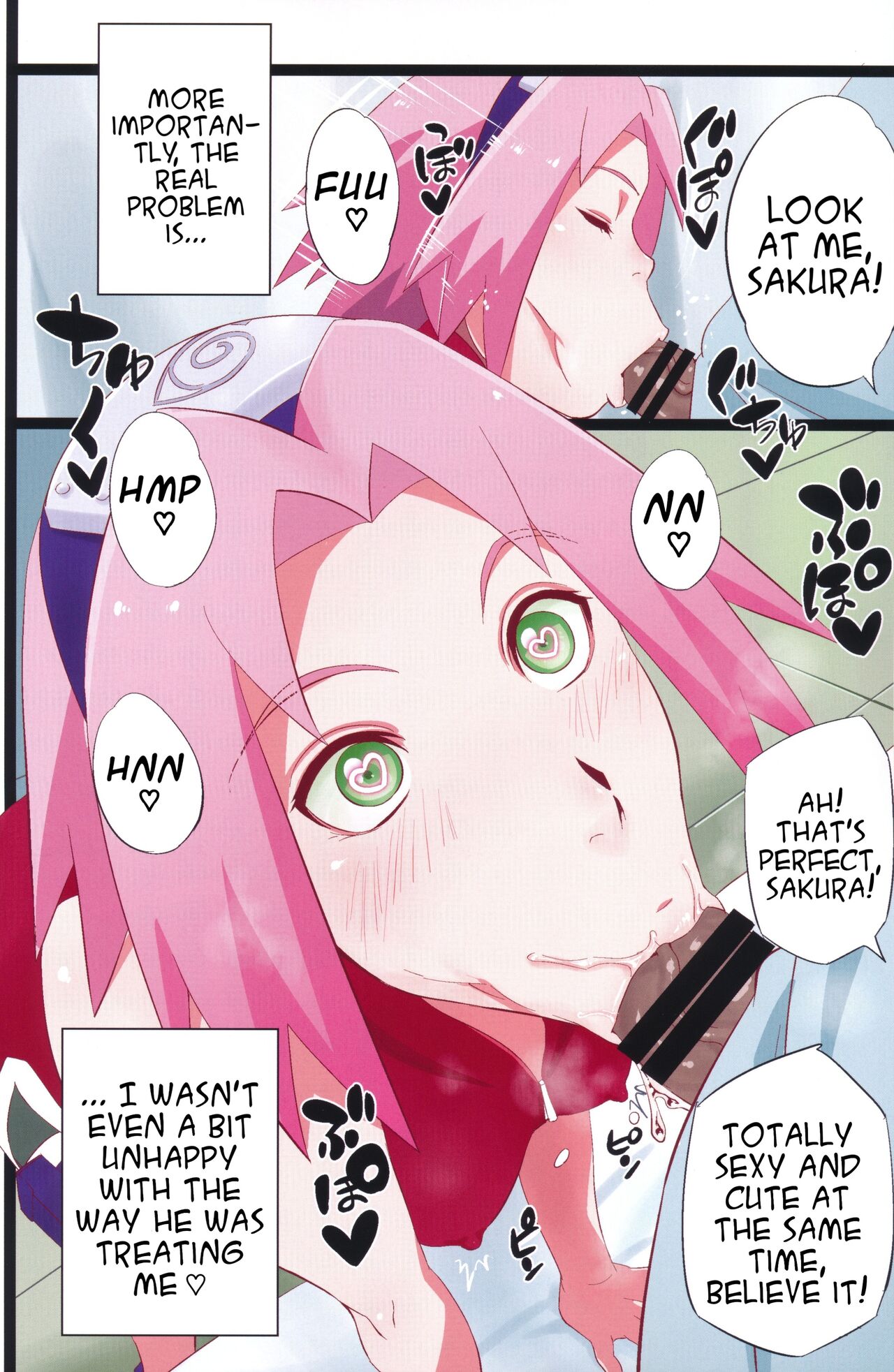 :>=, 1boy, 1girls, bending forward, blowjob, blush, breasts, censored, doujin, doujinshi, erect nipples under clothes, fellatio, female, green eyes, haruno sakura, headband, heart, heart-shaped pupils, japanese text, karakishi youhei-dan, looking at partner, looking up, male, naruto, naruto (series), naruto uzumaki, oral, penis, pink hair, sakura haruno, saliva, sleeveless, speech bubble, straight, sucking penis, sunahara wataru, uzumaki naruto, wide eyed