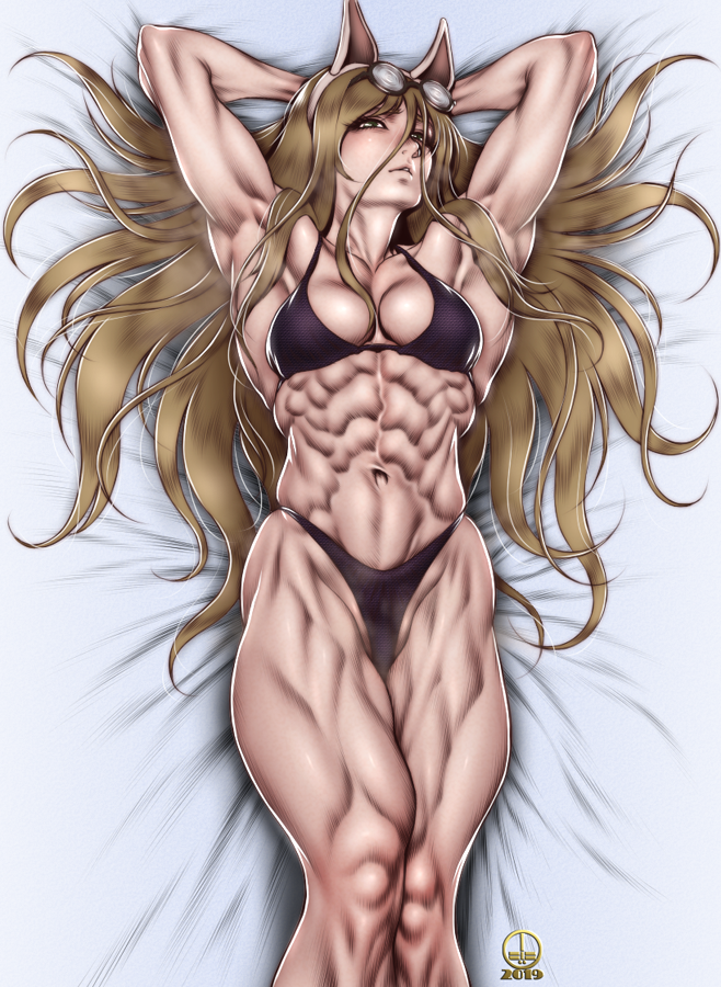 1girls abs bed belly_button bikini blonde_hair dairoku_tenma fake_animal_ears girls_und_panzer glasses glasses_on_head grey_eyes long_hair looking_at_viewer medium_breasts muscle muscles muscular_arms muscular_female muscular_thighs navel nekonyaa nerdy_female seductive seductive_look six_pack very_long_hair