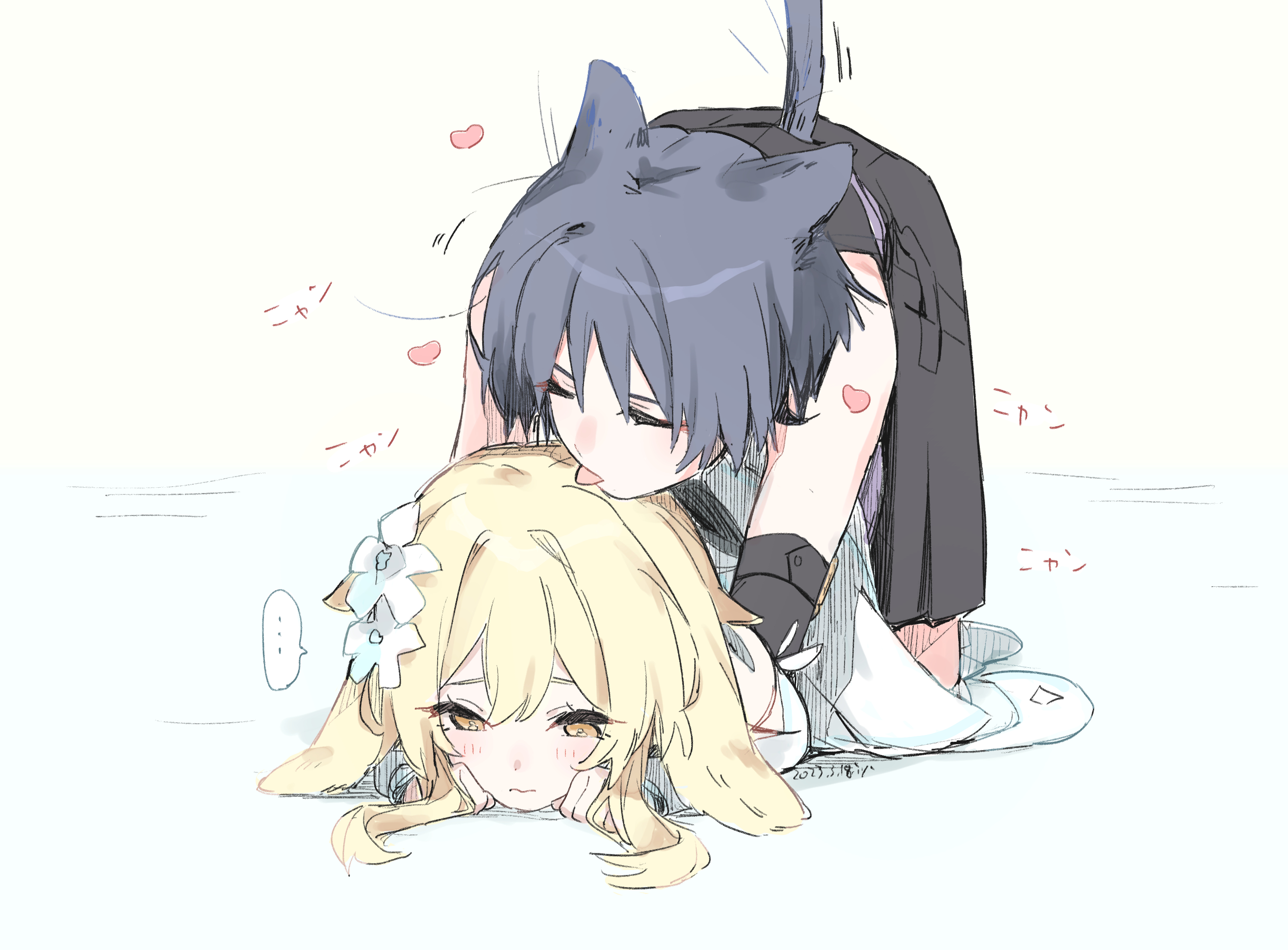 ..., 1boy, 1girls, bent over, blonde hair, blue eyes, blush, boy on top, cat boy, cat ears, cat girl, cat tail, catboy, catgirl, closed eyes, doggy style, feline, female, genshin impact, heart, in heat, licking, lumine (genshin impact), male, scaramouche (genshin impact), sex, straight, thought bubble, tongue, tongue out, yellow eyes