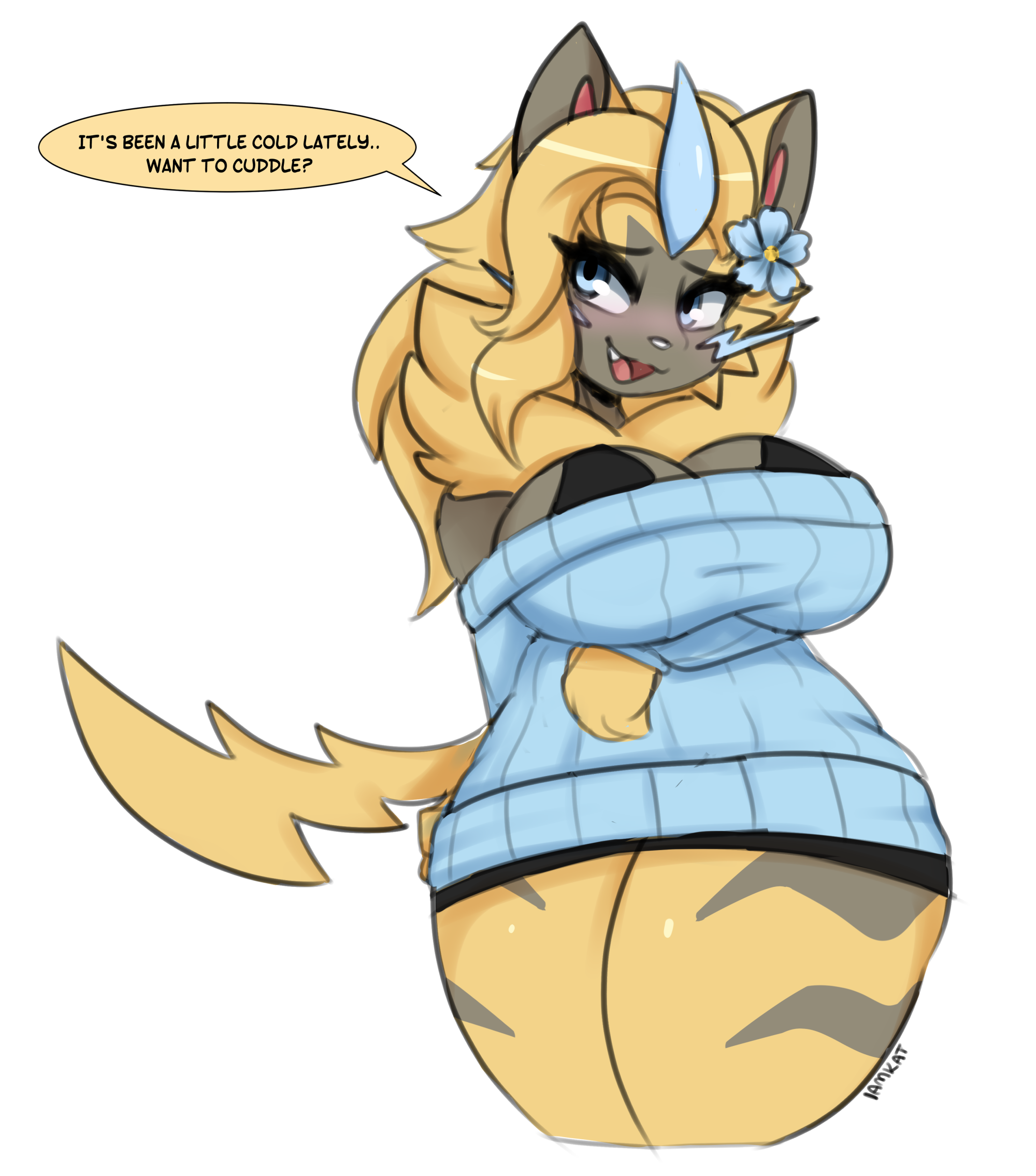 2024, accessory, anthro, arm under breasts, aurora (nbanoob), big breasts, blue clothing, blue eyes, blue sweater, blue topwear, breasts, brown body, brown fur, clothing, dialogue, english text, eyebrows, eyelashes, female, flower, flower in hair, fur, generation 7 pokemon, hair, hair accessory, hi res, i am kat95, legendary pokemon, looking at viewer, neck tuft, nintendo, open mouth, plant, pokemon, pokemon (species), shaded, solo, sweater, text, thick thighs, tongue, topwear, tuft, yellow body, yellow fur, zeraora