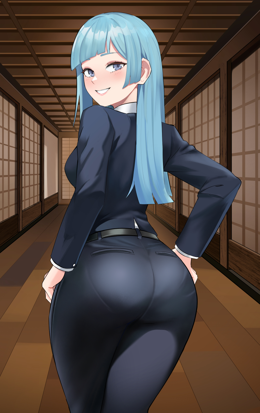 1girls, ass, blue eyes, blue hair, blue-haired female, female, female only, jetblaackk, jujutsu kaisen, kasumi miwa, solo, tagme
