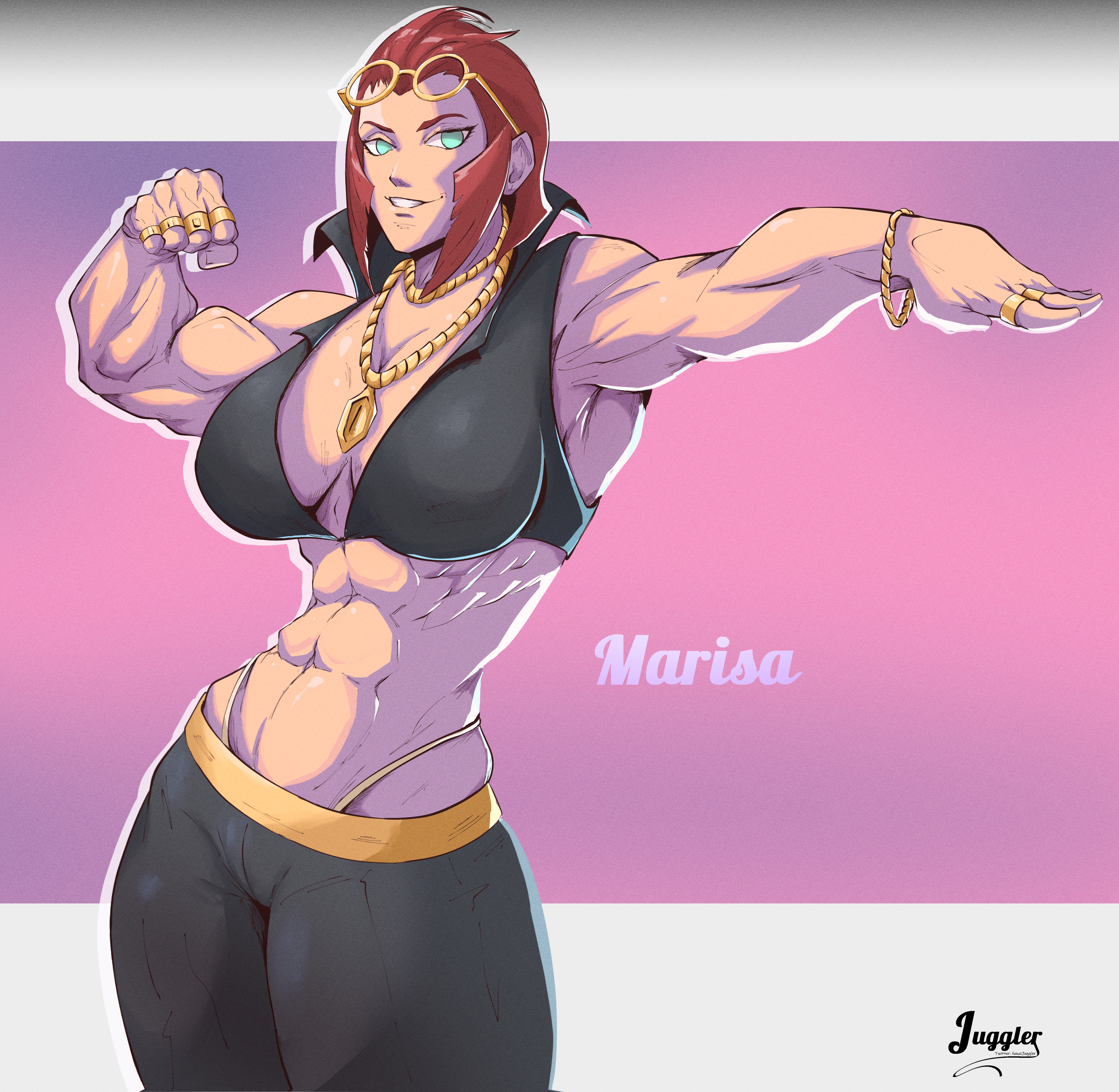 1girls, abs, bare arms, bare shoulders, big breasts, bitethebull, blue eyes, breasts, clothed, clothing, color, female, female focus, female only, glasses, hi res, jewelry, large breasts, long hair, marisa rossetti, muscles, muscular, muscular arms, muscular female, red hair, solo, solo female, street fighter, street fighter 6, thick thighs