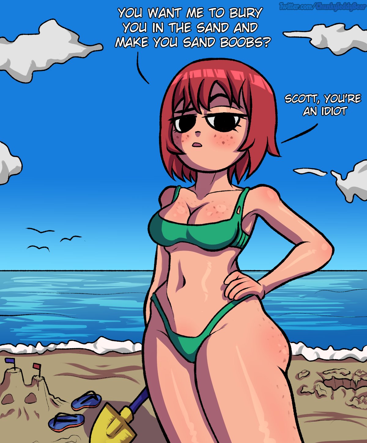 1girls beach bikini black_eyes chunkyteddybear female flip_flops freckles freckles_on_ass freckles_on_breasts freckles_on_face freckles_on_thighs green_bikini kim_pine panties red_hair sand_castle sandals scott_pilgrim seaside short_hair shovel solo solo_female