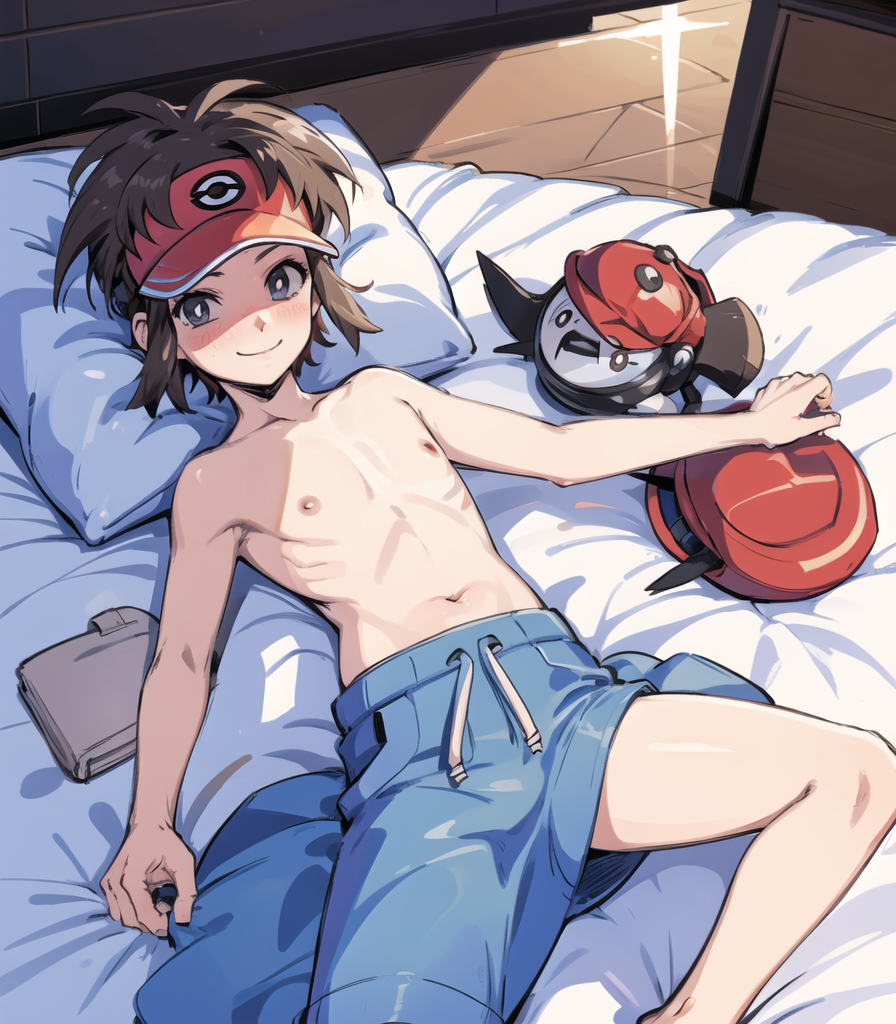 1boy ai_generated looking_at_viewer male male_focus nate_(pokemon) on_bed pokemon smirk solo solo_focus solo_male spread_legs suggestive_look