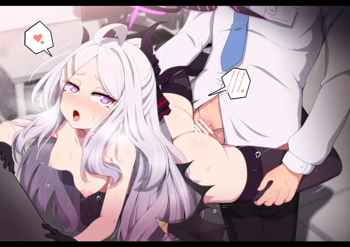1boy, 1girls, black thighhighs, blue archive, breasts, censored penis, female, hina (blue archive), looking at viewer, male, penis, sex, small breasts, tagme, tagme (artist), thighhighs