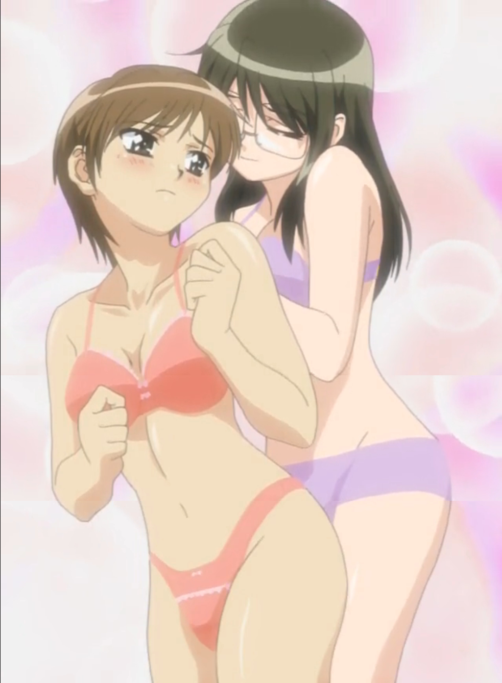 bra brown_eyes brown_hair closed_eyes female glasses koi_koi_7 leaning_on_person light-skinned_female light_skin long_hair official_art panties purple_bra purple_panties red_bra red_panties satou_subaru screencap screenshot shiny_background shiny_eyes short_hair sparkling_background stitch yamada_isuzu yuri