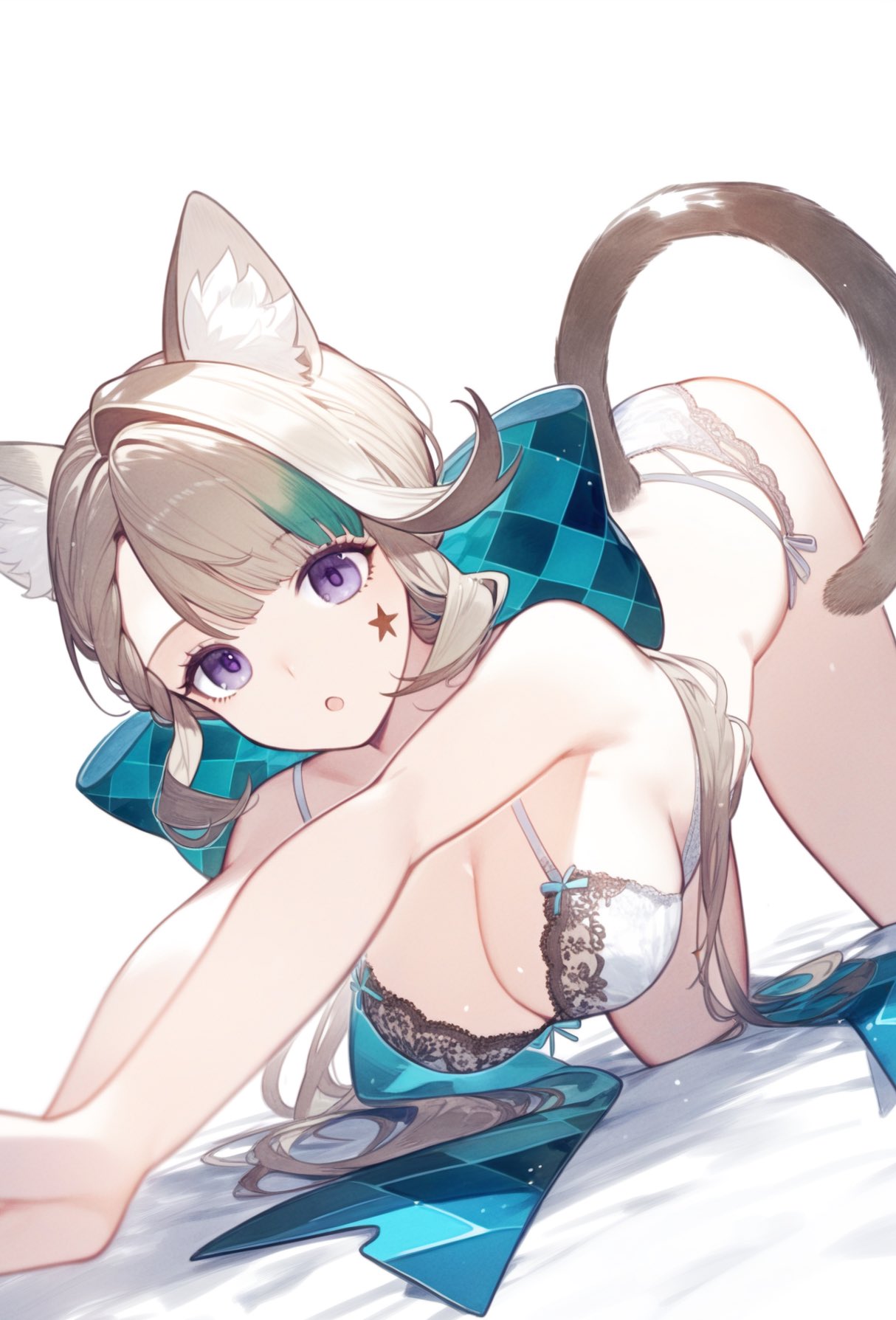 :o ai_generated all_fours ass_up bra breasts cat_ears cat_girl cat_humanoid catgirl cleavage female female_only genshin_impact grey_hair lingerie looking_at_viewer lynette_(genshin_impact) nonude open_mouth panties purple_eyes setsuaiart small_breasts stretching underwear