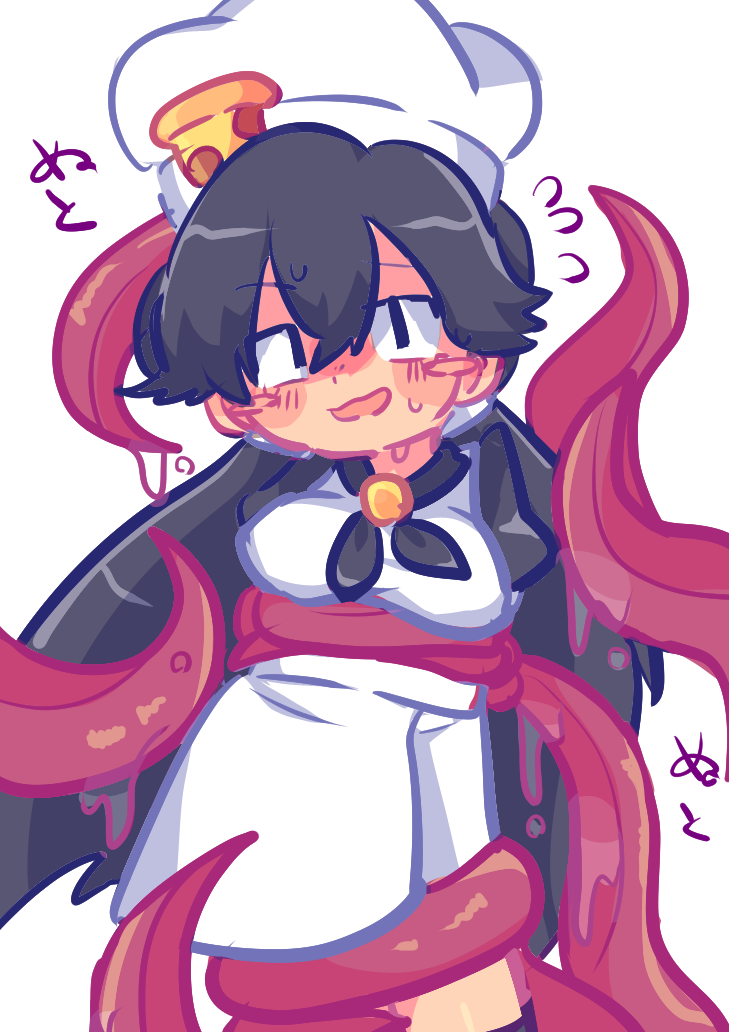 2024 black_eyes black_hair chef_hat fan_character female flying_sweatdrops japanese_text long_hair peppina_and_the_magical_tower_of_pizza peppina_ramen_(ketartdragon) pizza_tower red_tentacles slimy_tentacles solo sweat tentacle twintails まぬぷり