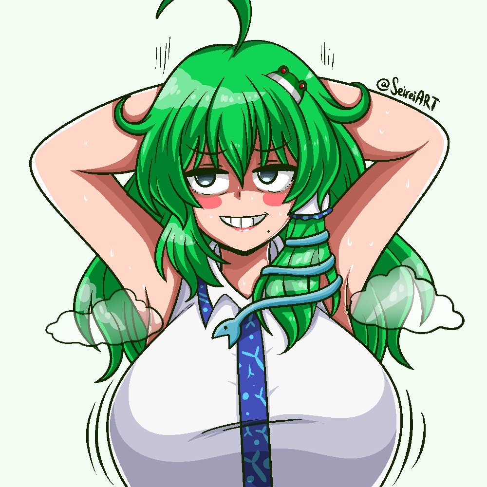 1girls ahoge aqua_eyes artist_name big_breasts breasts clothed_female funny_face goofy_ahh green_hair hairclip hands_behind_head huge_breasts light-skinned_female long_hair miko mole mole_under_mouth pink_cheeks sanae_kochiya seireiart shrine_maiden solo solo_female steam teeth touhou watermark white_background