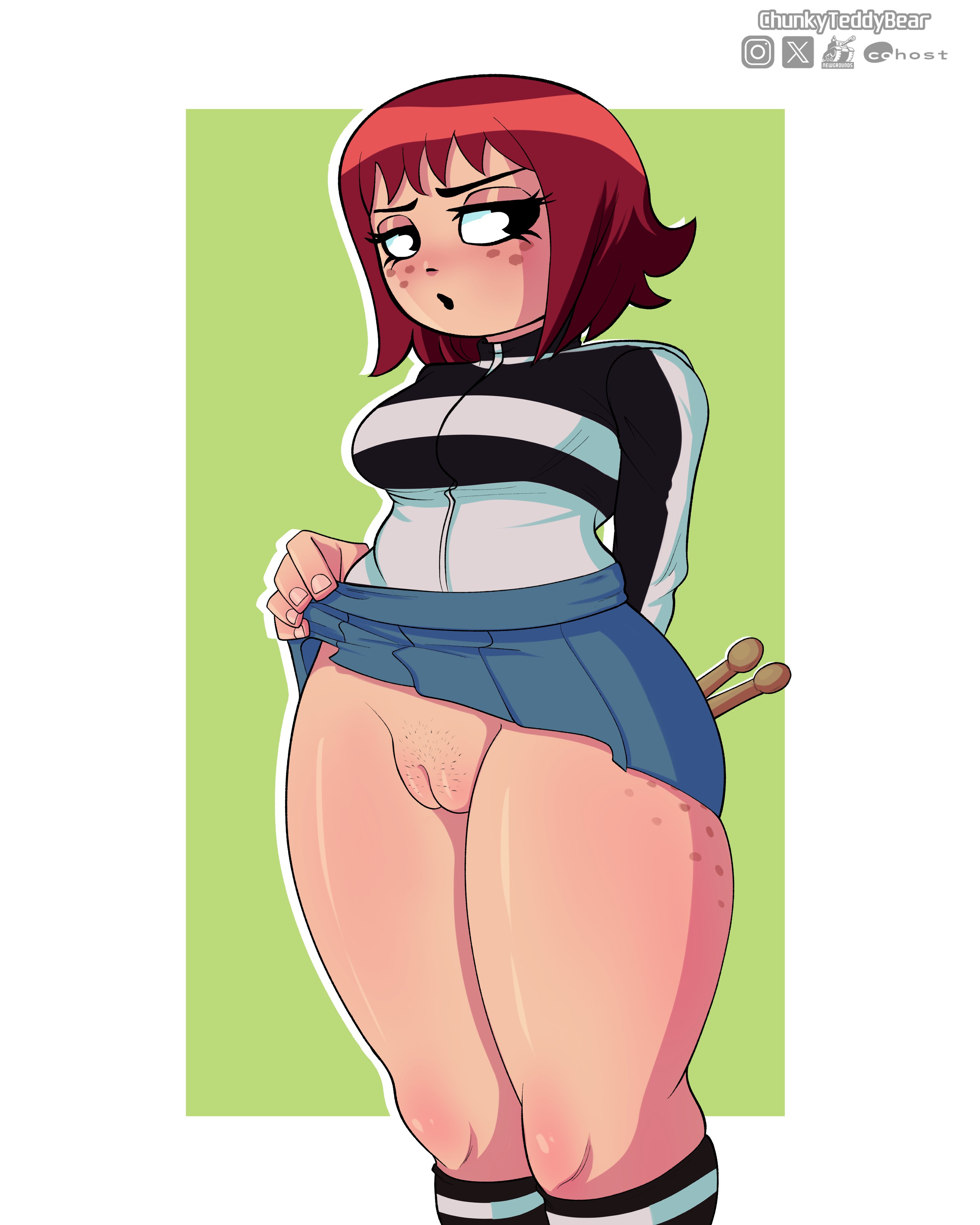 1girls, black eyes, chunkyteddybear, clothed, female, female only, freckles, freckles on face, freckles on thighs, holding object, innie pussy, kim pine, presenting, presenting pussy, pubic stubble, pussy, red hair, scott pilgrim, short hair, skirt lift, solo, solo female