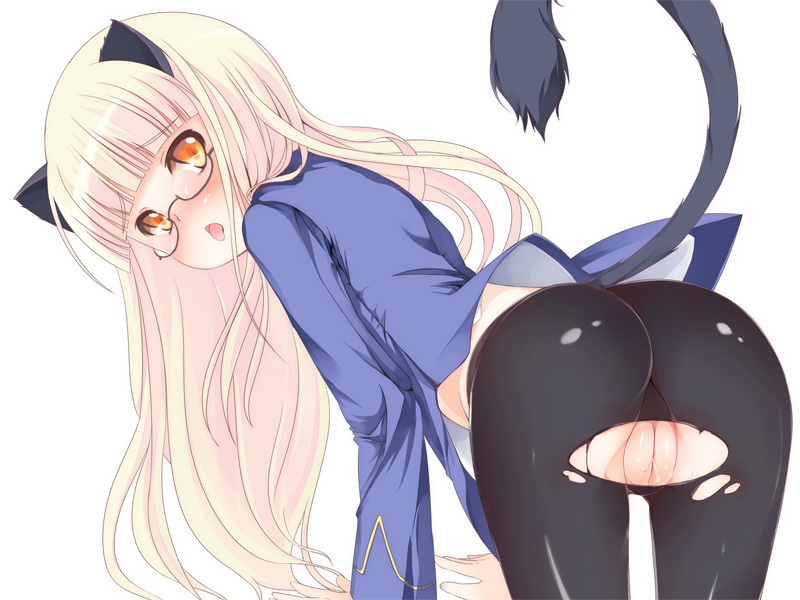 animal_ears ass bent_over blonde_hair blush cat_ears clothing female glasses long_hair looking_back no_panties pantyhose perrine_h._clostermann pussy simple_background solo strike_witches tail tongue torn_clothes torn_pantyhose uncensored uniform world_witches_series yako yellow_eyes