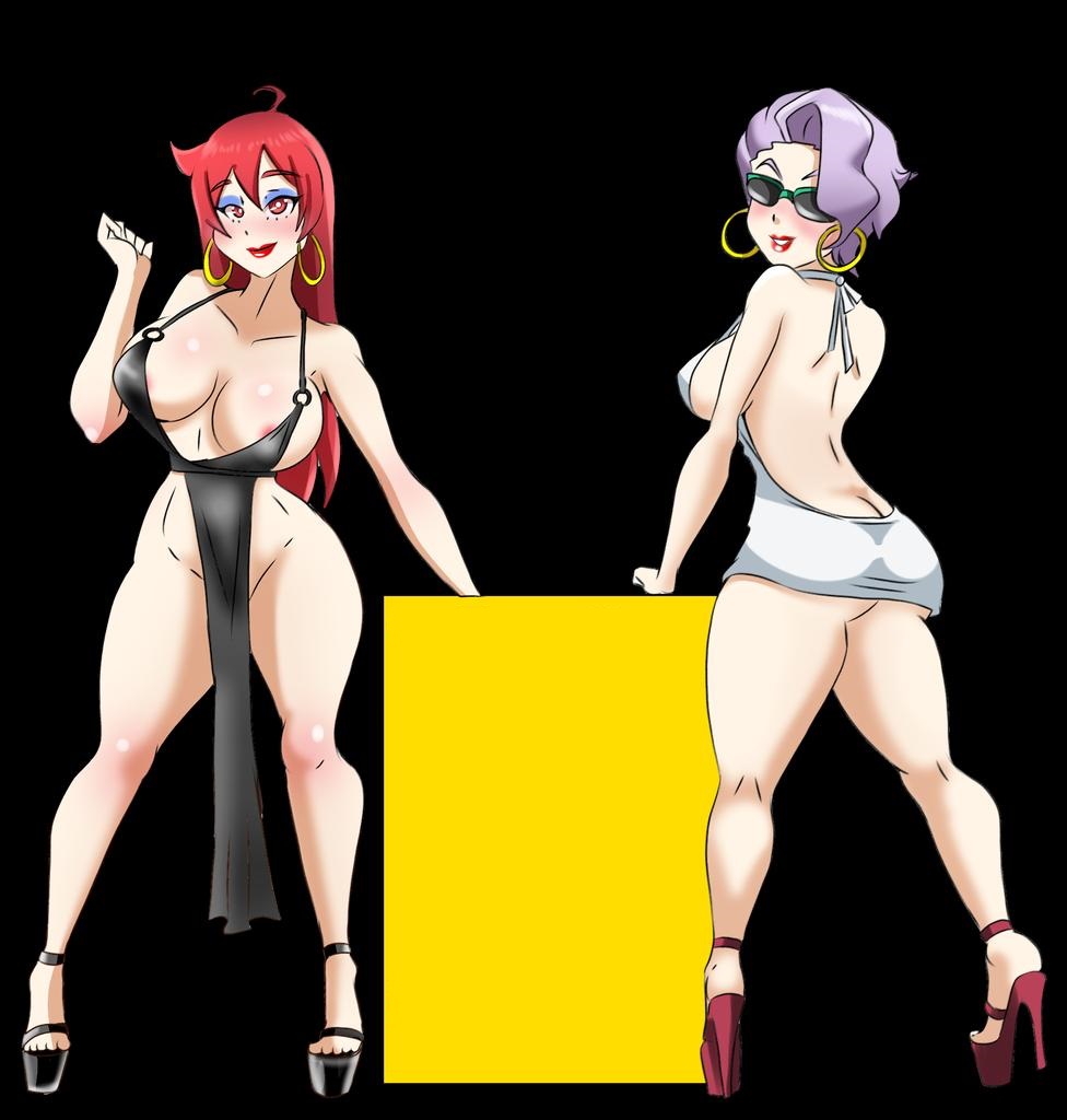 2girls areolae ass big_ass big_breasts chariot_du_nord croix_meridies dress heels high_heels inkrait jewelry lips lipstick little_witch_academia long_hair milf multiple_girls night_dress on_back partially_clothed platform_heels red_eyes red_hair short_hair sunglasses thighs tinted_eyewear violet_hair