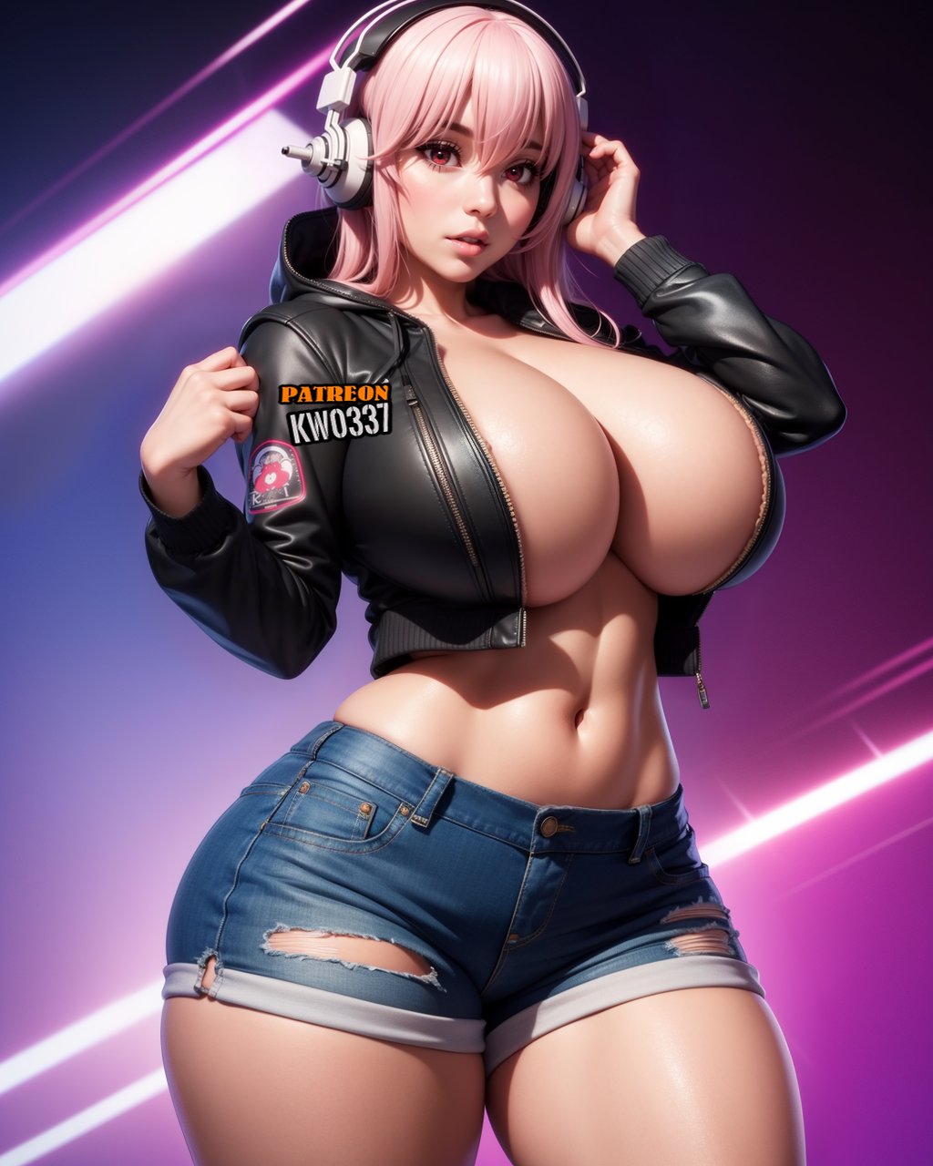 1girls ai_generated big_breasts denim_shorts female_only headphones huge_breasts kw0337 pink_hair red_eyes solo solo_female super_sonico