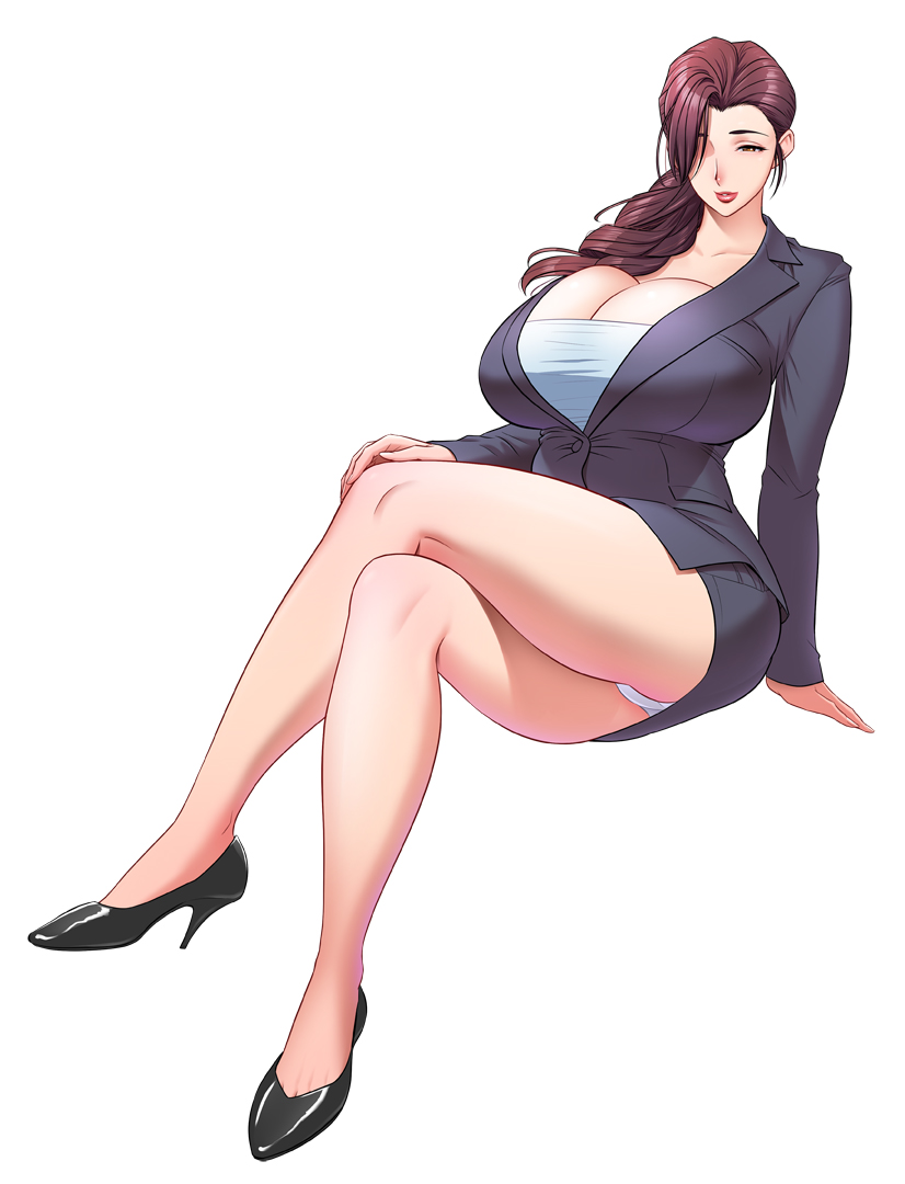 1girls, ass, big ass, big breasts, breasts, busty, curvy, curvy body, curvy female, curvy figure, female, hair between eyes, hi res, high heels, highres, looking at viewer, mature female, milf, office lady, seductive, seductive look, seductive smile, skirt suit, suit, tatsunami youtoku, white skin