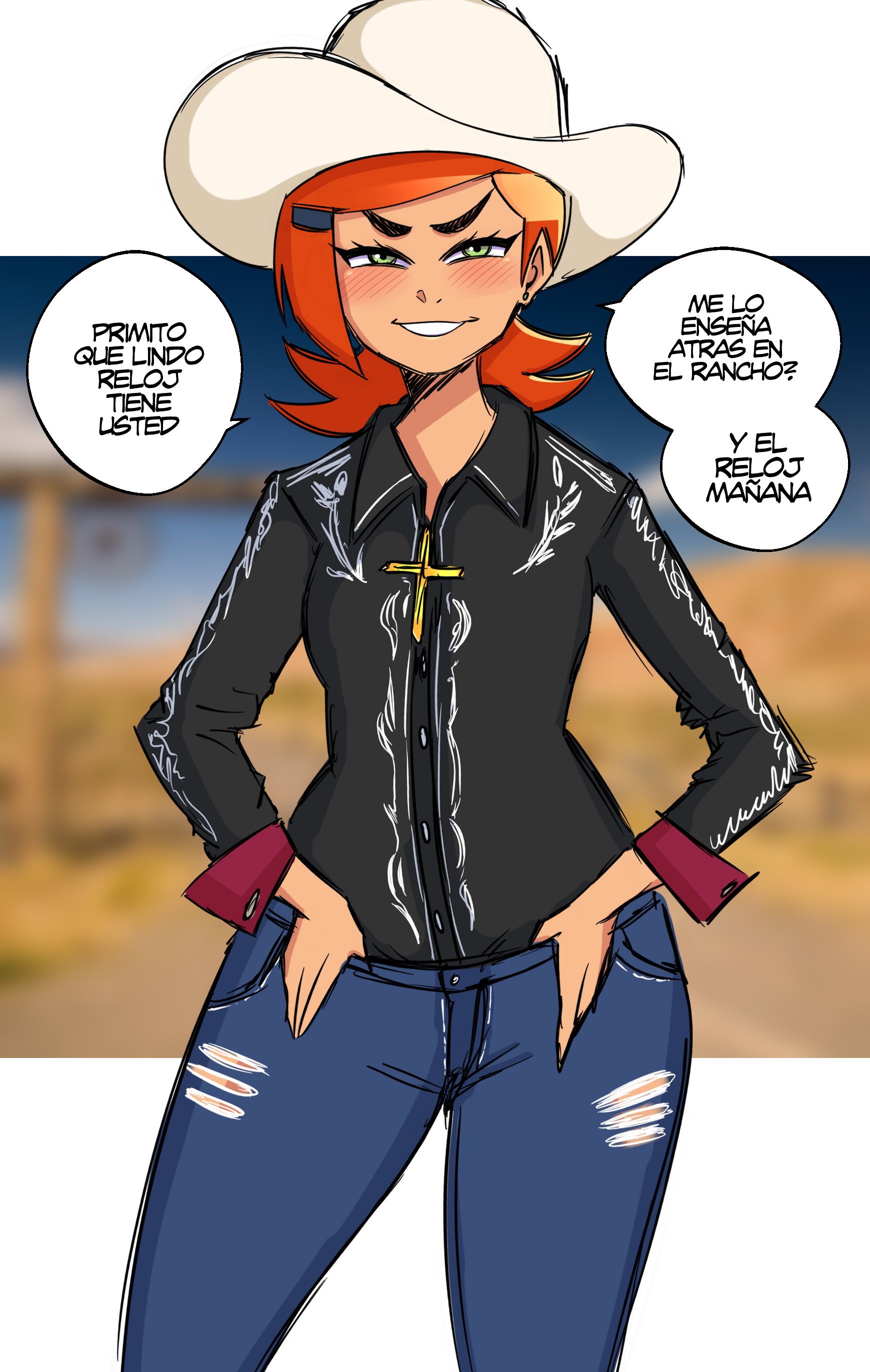1girls, ben 10, ben 10 (classic), blush, cowboy hat, cowboy outfit, dialogue, female, female only, green eyes, gwen tennyson, gwen tennyson (classic), hi res, looking at viewer, narrowed eyes, orange hair, saltyxodium, smiling, smiling at viewer, solo, spanish text, speech bubble, teeth showing