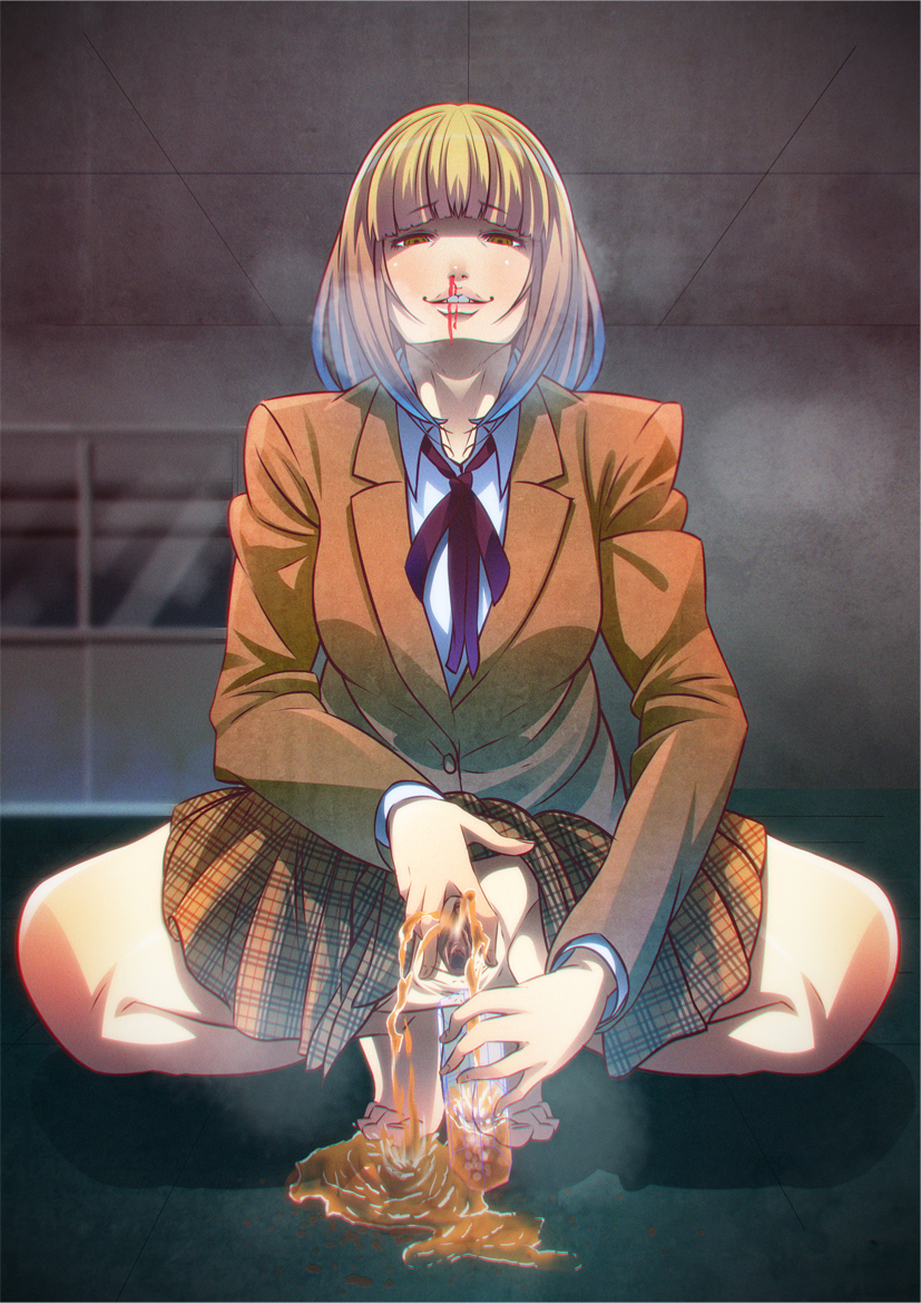 1girls, blush, clothes, feet, female, female only, fingering, legs, looking at viewer, midorikawa hana, miniskirt, nose bleed, nosebleed, orange eyes, orange hair, peeing, prison school, pussy, solo, spread pussy, squatting, uncensored, vagina, vaginal penetration