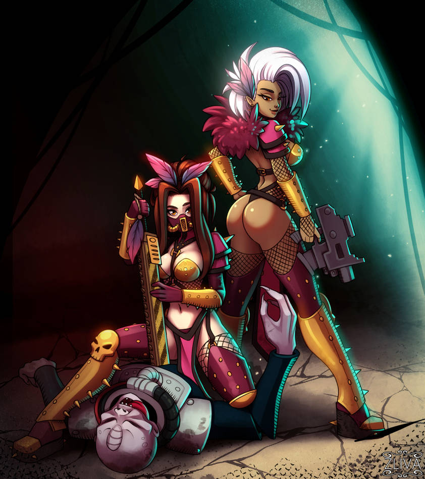 2girls amber_eyes armor big_hair bolt_gun bolter bright_colors brown_hair brunette_hair chainsword colorful_hair crime criminal feathers feathers_in_hair female gang gangster gas_mask genestealer gold_(metal) gold_jewelry gun hazel_eyes house_escher imperium_of_man long_hair mask masked multiple_girls necromunda pink_clothing pink_feathers punk punk_girl punk_hair red_eyes skimpy skimpy_armor skimpy_clothes skimpy_outfit spikes sword tyranid warhammer_(franchise) warhammer_40k weapon white_hair zliva