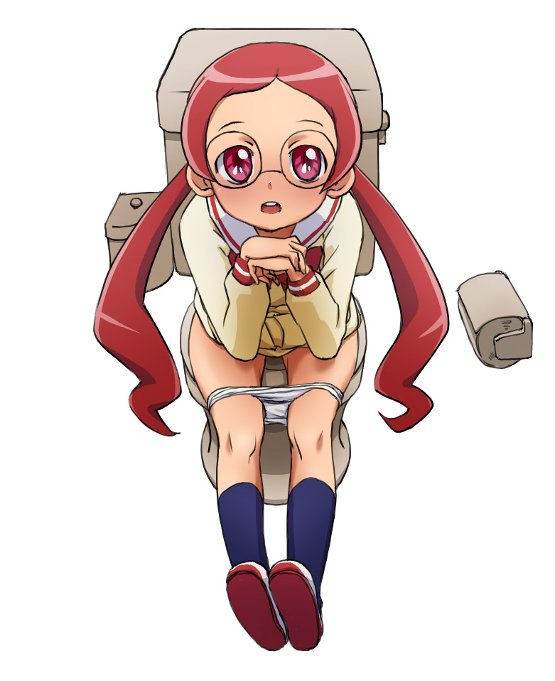 blush calpara clothing glasses heartcatch_precure! heartcatch_pretty_cure! panties panty_pull precure pretty_cure red_eyes red_hair straight_hair tied_hair toilet toilet_paper toilet_use tsubomi_hanasaki twintails uncensored underwear