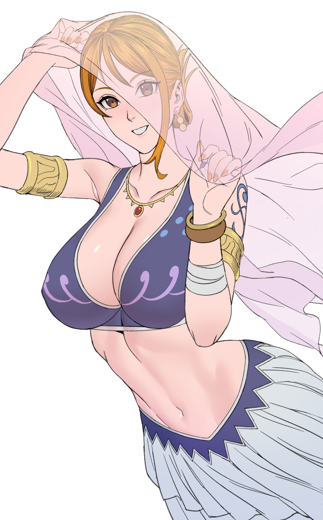 1girls, arabasta saga, arabian clothes, arm tattoo, belly dancer, belly dancer outfit, big breasts, blue tattoo, breasts, brown eyes, cleavage, female, female human, female only, fit, fit female, harem girl, harem outfit, human, large breasts, light skin, light-skinned female, looking at viewer, nami (one piece), navel, one piece, orange hair, orange-haired female, pre-timeskip, short hair, skirt, slim waist, tattoo, uukkaa, veil, voluptuous, wide hips