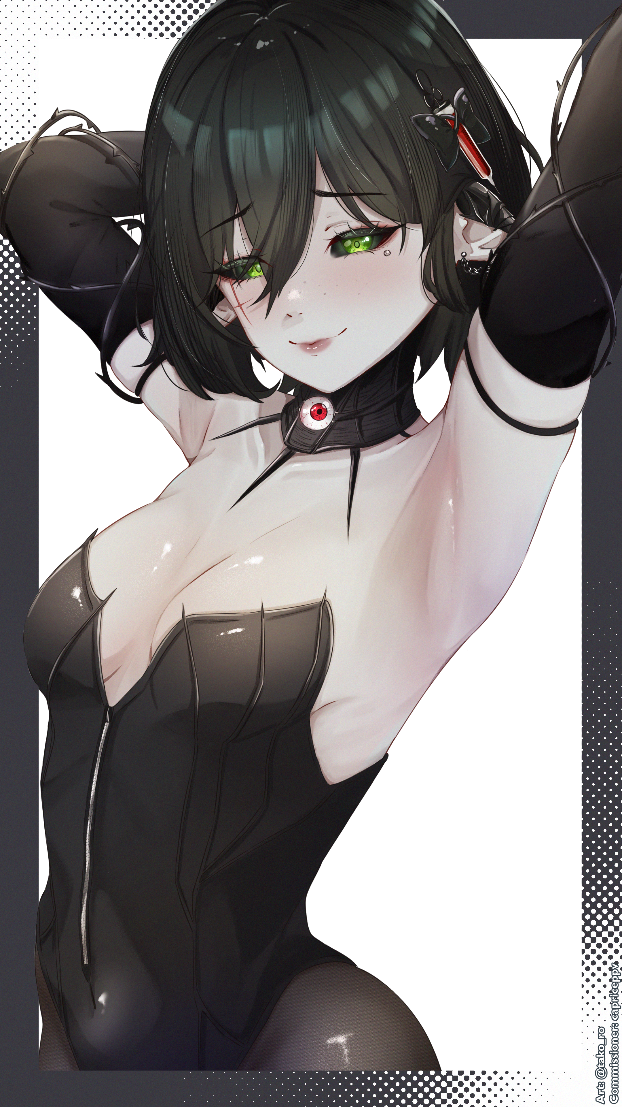 absurdres, armpit fetish, armpits, arms behind head, black hair, black leotard, black sclera, blood, breasts, cleavage, colored sclera, colored skin, cross, cross facial mark, ear covers, eyeball collar, facial mark, green eyes, grey skin, highres, indie virtual youtuber, layna lazar, leotard, medium breasts, pointy ears, short hair, single ear cover, syringe, syringe hair ornament, takoroki, tits, virtual youtuber, vtuber, white background