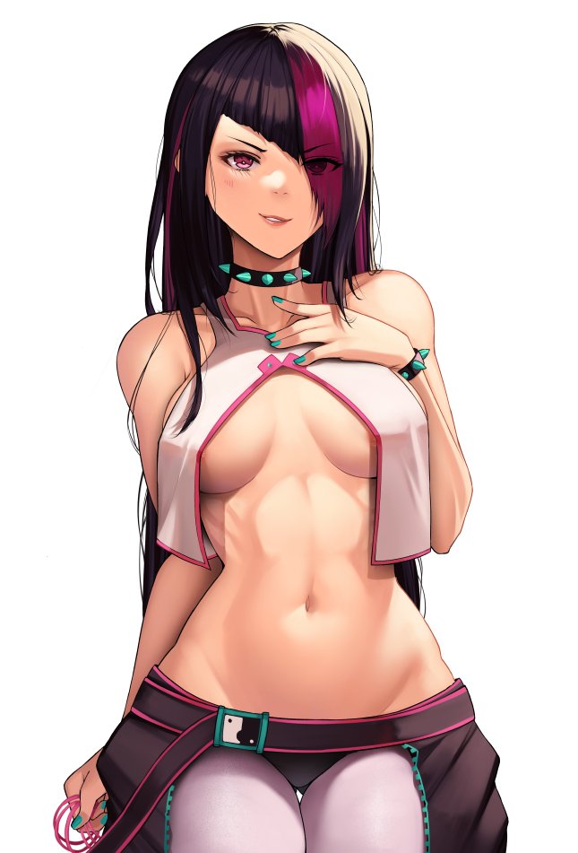 1girls, 2023, bangs, belly button, black hair, breasts, capcom, dark hair, eyes visible through hair, female, femme fatale, juri han, luxpineapple, medium breasts, multicolored hair, simple background, solo, stomach, street fighter, street fighter 6, wide hips