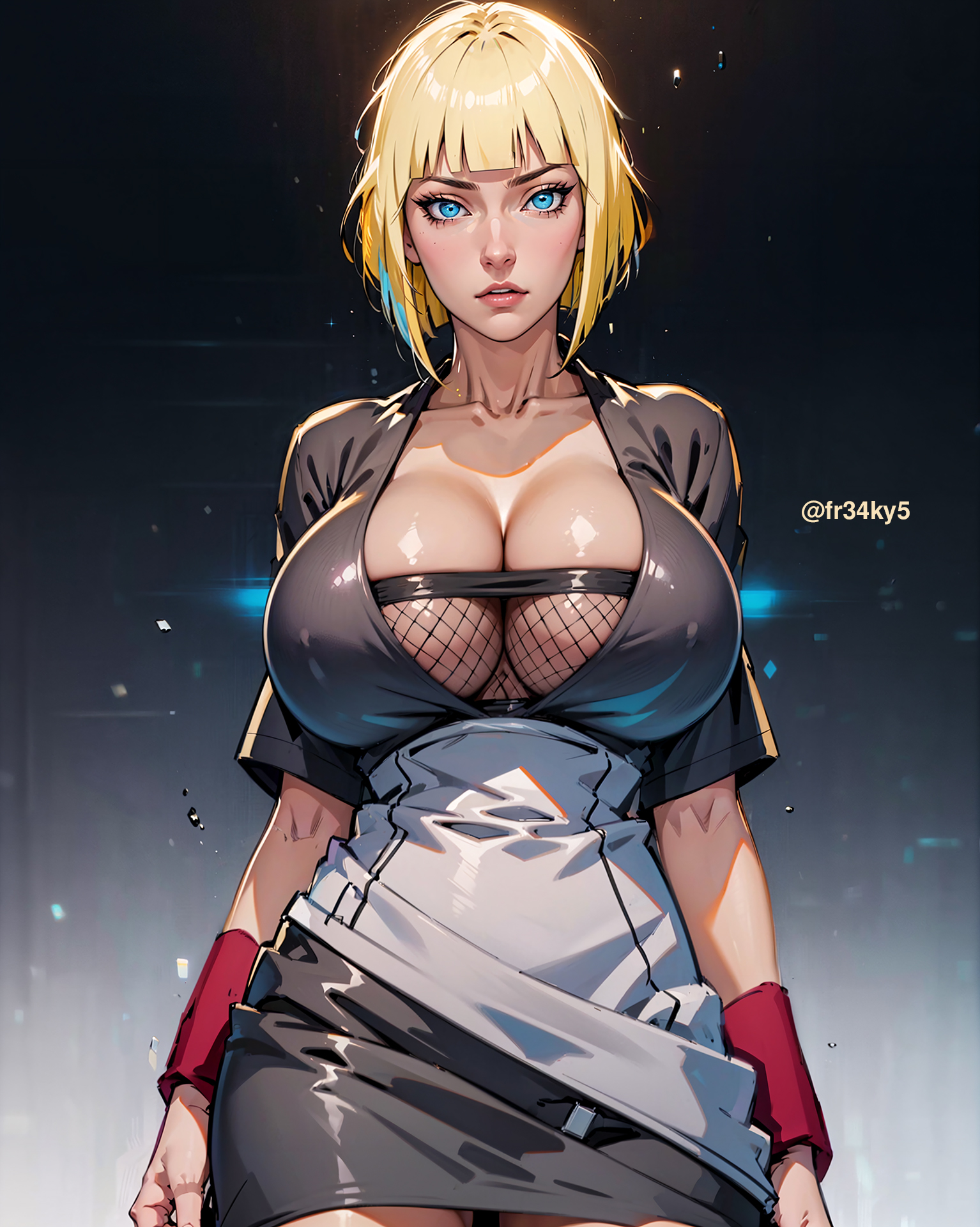 ai generated, big breasts, blonde hair, blue eyes, breasts, cleavage, female, fr34ky, huge breasts, large breasts, naruto, naruto (series), naruto shippuden, samui, wide hips