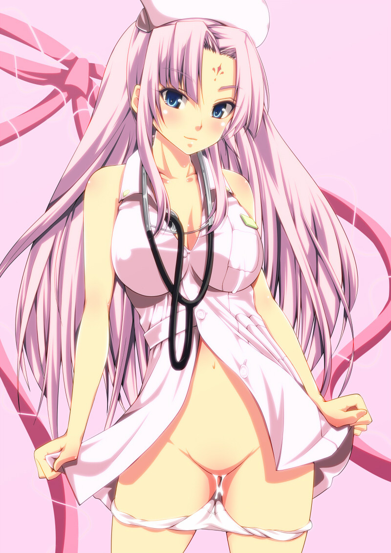 bare_shoulders blue_eyes breasts facial_mark female koihime†_(series) koihime_musou large_breasts long_hair mound_of_venus naughty_face no_pants no_pussy nurse panties panties_down panty_pull pink_hair pussy_juice pussy_juice_trail shin_koihime_musou solo sonsaku_hakufu_(koihime) stethoscope straight_hair underwear white_panties