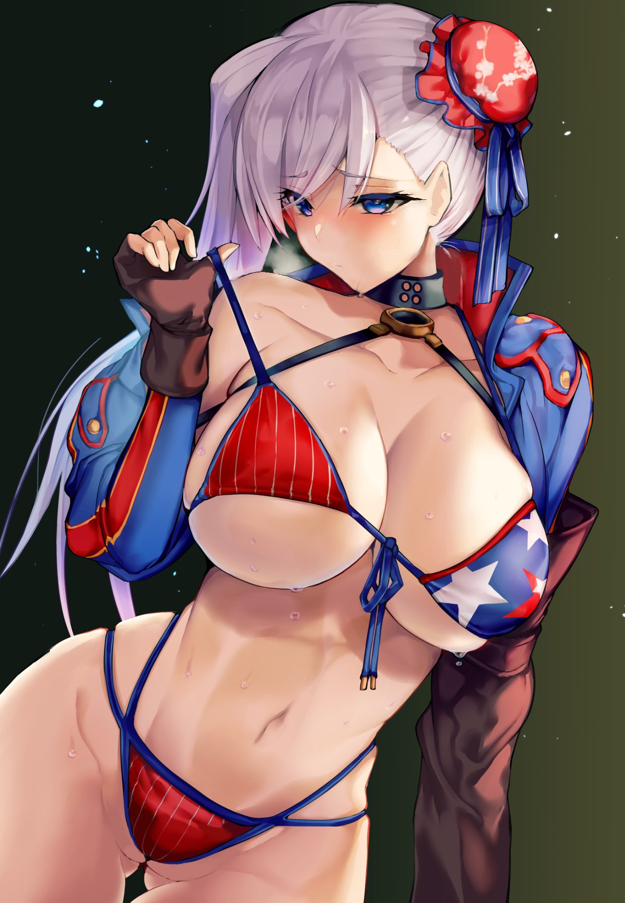 1girls american_flag_bikini asymmetrical_hair bikini blue_eyes breasts cleavage fate/grand_order fate_(series) female hi_res hips hourglass_figure huge_breasts light-skinned_female light_skin long_hair miyamoto_musashi_(fate) miyamoto_musashi_(swimsuit_berserker) naughty_face pink_hair satou_daiji slim_waist thick_thighs thighs wide_hips