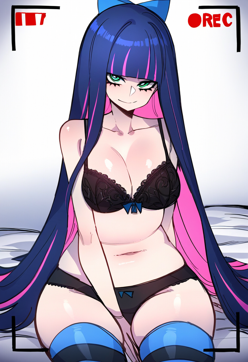 ai generated, aqua eyes, black bra, black lingerie, black panties, black underwear, blue bow, blue eyes, blunt bangs, bra, breasts, chubby, cleavage, colored inner hair, curvy, female, hairbow, hime cut, lingerie, long hair, multicolored hair, nai diffusion, novelai, on bed, panties, panty & stocking with garterbelt, pink hair, purple hair, recording, smile, stocking anarchy, stockings, striped stockings, striped thighhighs, thick, thighhighs, two-tone hair, underwear