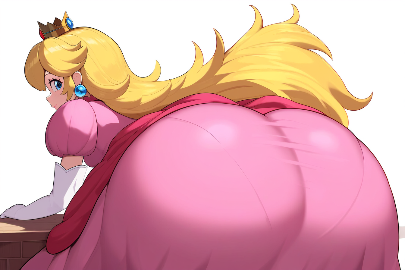 1girls, ai generated, ass, ass focus, bent over, blonde hair, blue eyes, clothed, clothing, crown, dress, earrings, elbow gloves, female, female only, gloves, huge ass, jewelry, long hair, looking at viewer, looking back, mario (series), nintendo, pantylines, pink dress, princess peach, puffy short sleeves, puffy sleeves, short sleeves, simple background, smile, solo, white background, white gloves