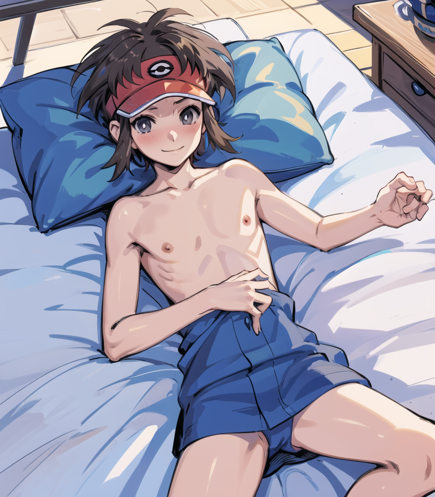 1boy ai_generated looking_at_viewer male_focus nate_(pokemon) on_bed pokemon smirk solo solo_focus solo_male spread_legs suggestive_look