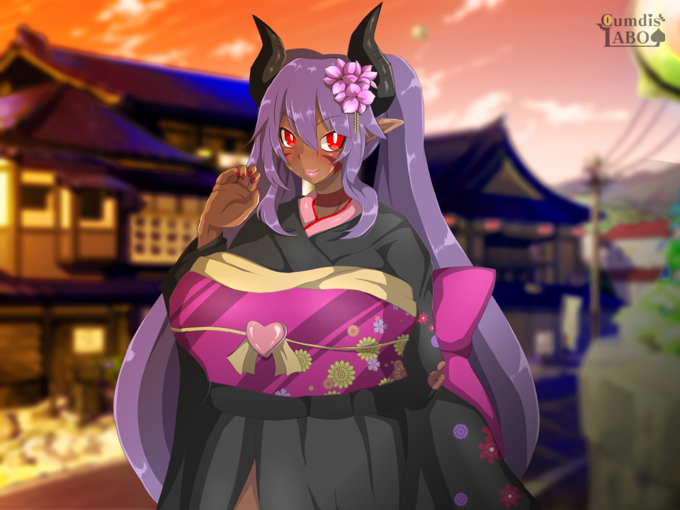 1girls big_breasts breasts clothed clothed_female clothing cumdis dark-skinned_female dark_skin female huge_breasts kimono large_breasts purple_hair red_eyes succubus succubus_horns suckshna_(cumdis) textless twintails