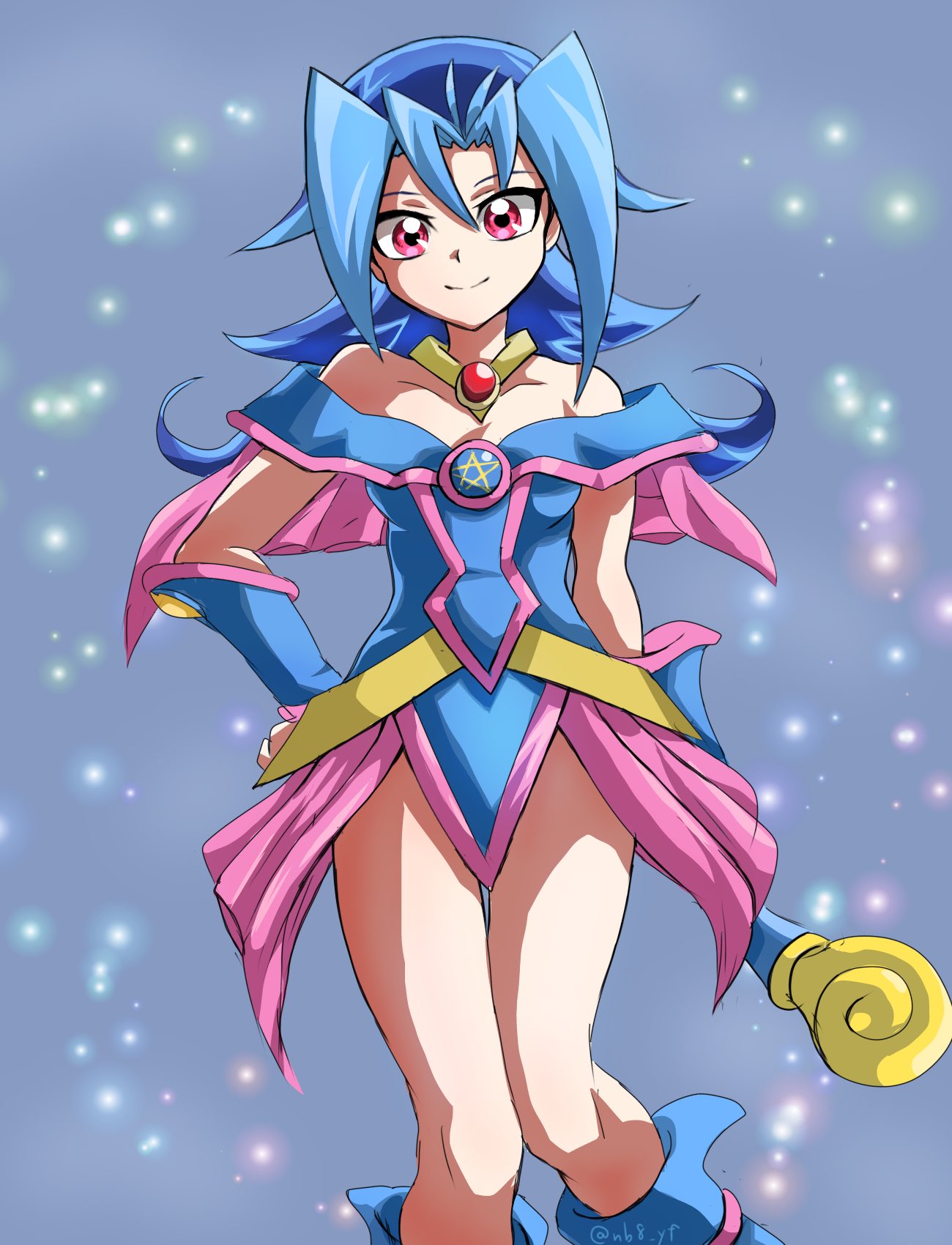 blue hair, boots, breasts, clothing, cosplay, dark magician girl (cosplay), female, female only, jewel, kamishiro rio, legs, long hair, looking at viewer, nb8 yf, red eyes, rio kamishiro, short skirt, small breasts, smile, solo, staff, yu-gi-oh!, yu-gi-oh! zexal