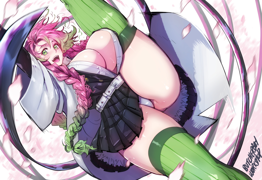 1girls belt belt_buckle big_breasts black_skirt breasts butcherboy cleavage clothing demon_slayer female female_only flower_petals green_eyes green_highlights green_thighhighs hair huge_breasts kanroji_mitsuri kimetsu_no_yaiba large_breasts legwear motion_blur panties pink_hair skirt smile solo solo_female thick_thighs thighhighs thighs white_panties