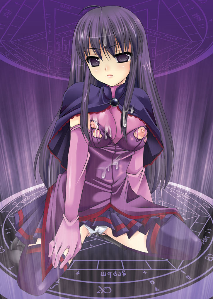 breasts cape cum cum_on_clothes cum_on_hair elbow_gloves gloves latex latex_gloves long_hair magic_circle malariya nipples panties purple_eyes purple_hair quiz_magic_academy sakura_hanatsumi skirt thighhighs torn_clothes underwear