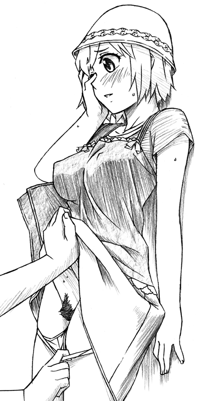 bucket_hat casual erect_nipples flapper hat hyakko monochrome nonomura_ayumi panties panty_pull pointy_chin pubic_hair pussy sawa_jaaji short_hair skirt skirt_lift traditional_media underwear