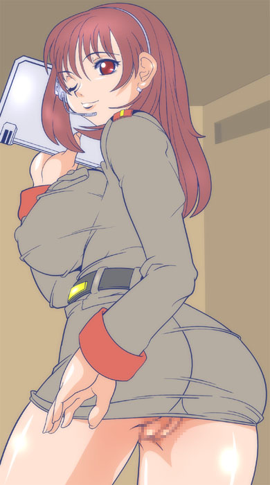 1girls ass breasts brown_hair censored curvaceous earth_federation female gundam gundam_lost_war_chronicles higashiyama_(artist) huge_breasts human large_breasts light-skinned_female light_skin looking_back military_uniform no_panties noel_anderson pussy thick_thighs uniform upskirt wide_hips wink