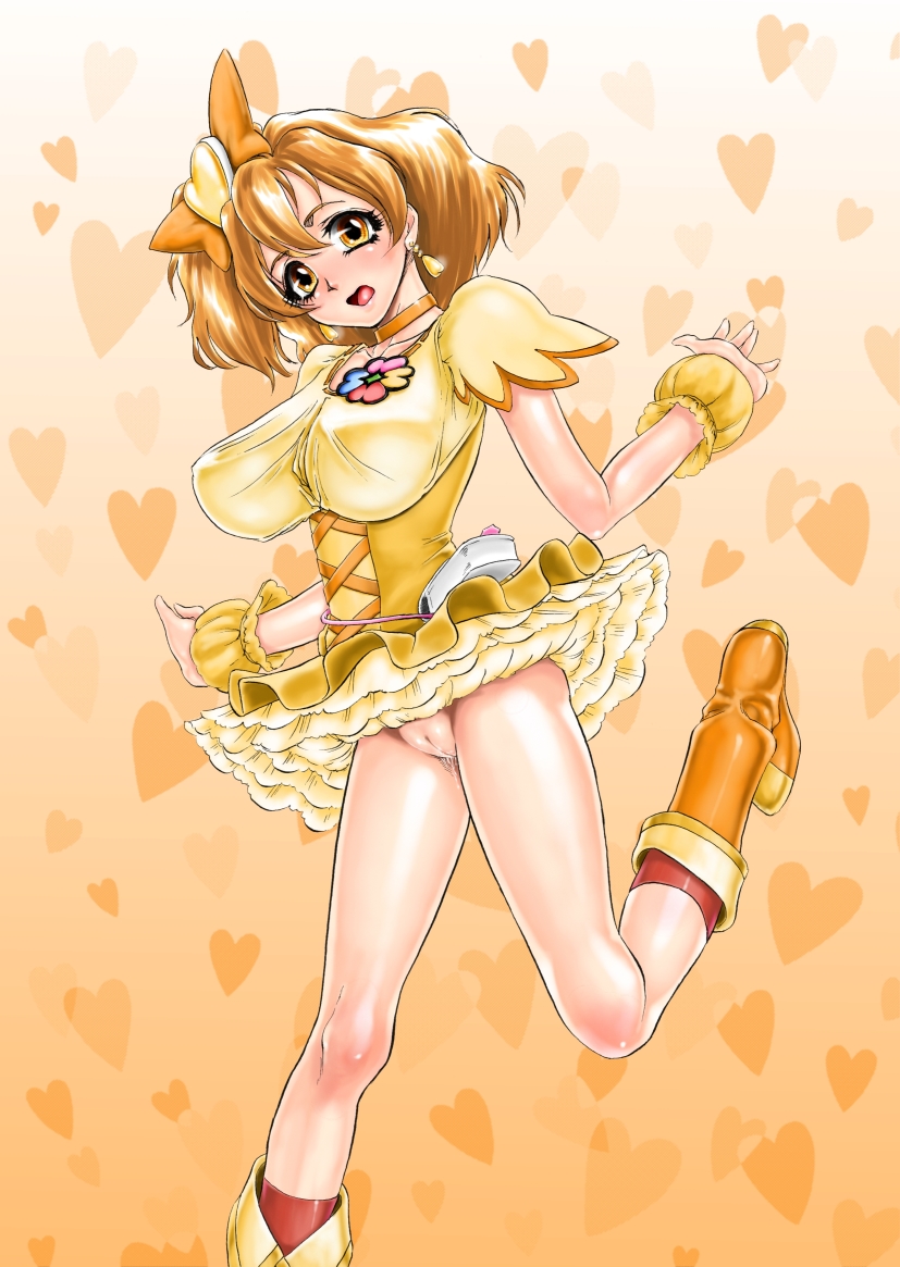 blush boots bow brown_hair choker clothing cure_pine dress earrings fresh_precure! fresh_pretty_cure! hairbow heart jewelry large_breasts magical_girl no_panties precure pretty_cure pussy pussy_juice short_hair solo uncensored xopc yamabuki_inori yellow_eyes