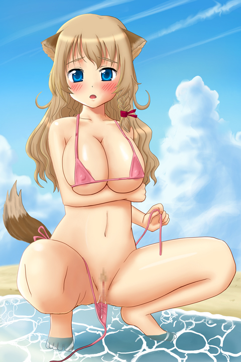 beach beachside bikini blue_eyes blush braid breast_hold breasts brown_hair censored cloud erect_nipples huge_breasts micro_bikini original pubic_hair pussy pussy_juice segirl side-tie_bikini sky swimsuit tail water