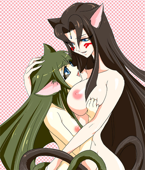 animal_ears black_hair breasts carly_nagisa cat_ears cat_tail catgirl dark_signer female green_hair hug huge_breasts long_hair misty_lola multiple_girls nipples tail yu-gi-oh! yu-gi-oh!_5d's yuri