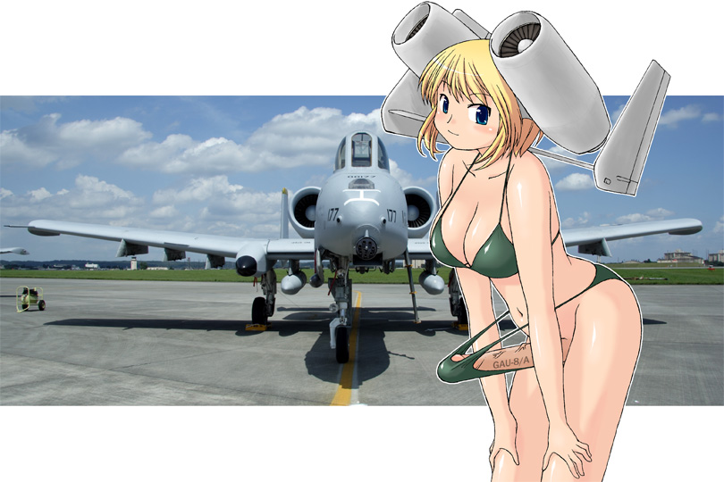 1futa a-10_(artist) aeromorph aircraft_humanoid airplane anthro bare_legs big_breasts bikini blonde_hair blue_eyes blush body_writing breasts cleavage color erection eyes futa_only futa_sans_balls futanari gau-8 genitals green_clothing hair hands_on_legs intersex kato_hayabusa legs looking_at_viewer mecha_musume military open_eyes original penis penis_in_panties personification photo_background pose short_hair side_view solo solo_futa standing straight_hair swimsuit